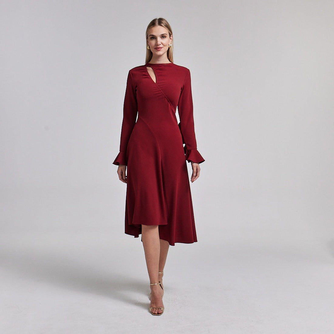 Dark Red Gathered Chest Crepe Midi Dress - shopaleena