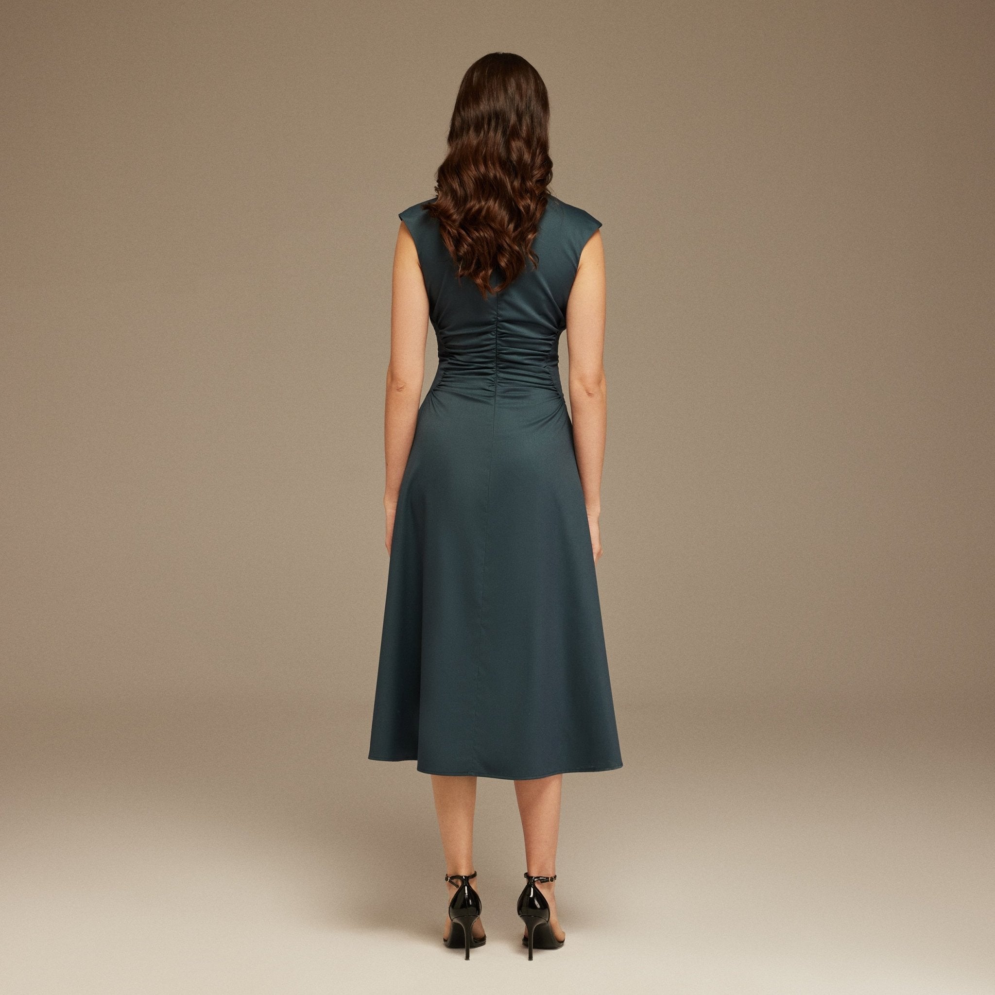 Dark Teal Sleeveless Maxi Dress With Gathered Waist - shopaleena