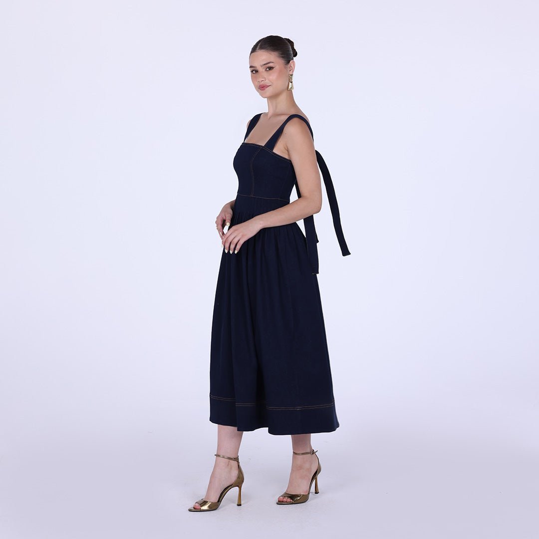 Denim Midi A - line Dress with Pleated Waist - shopaleena