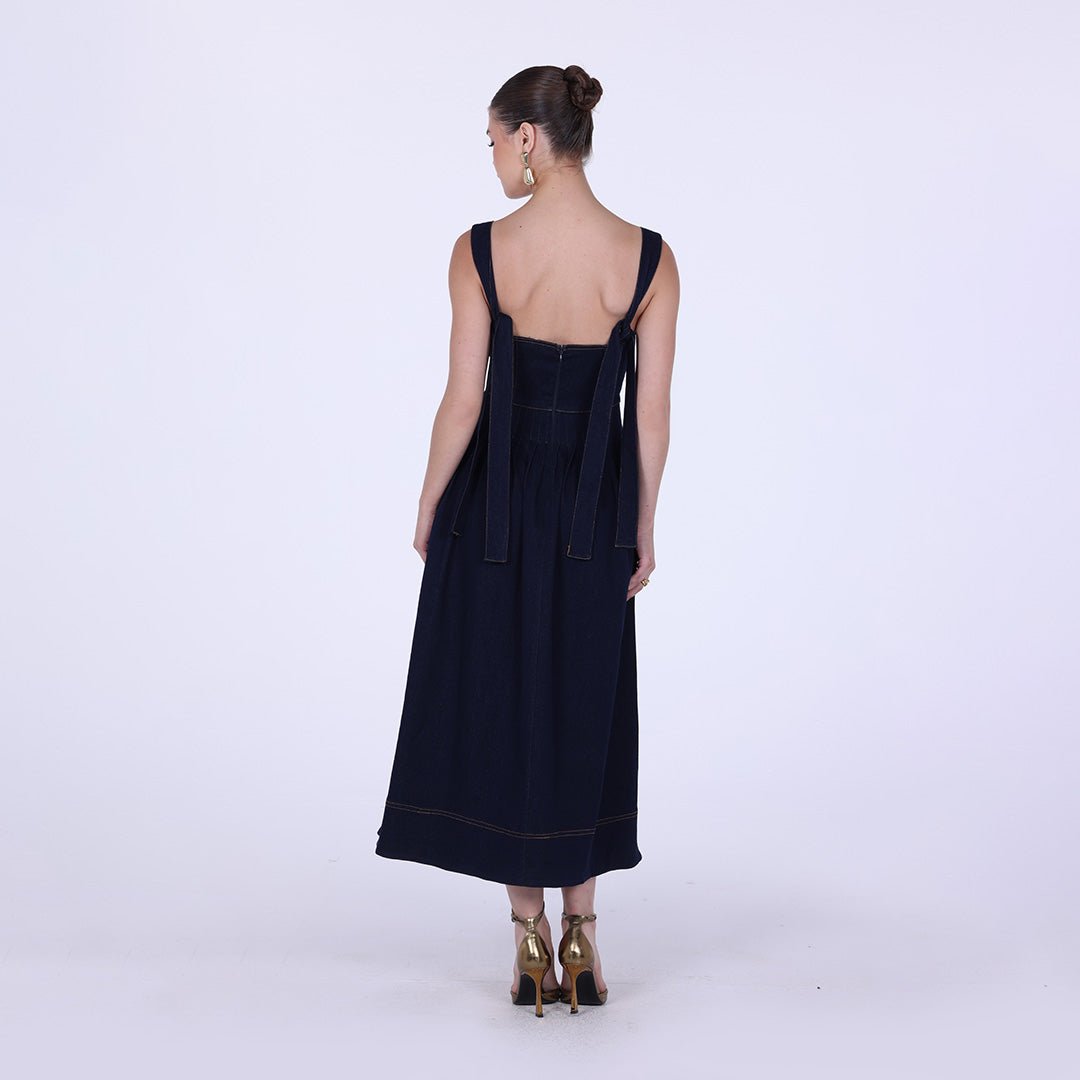 Denim Midi A - line Dress with Pleated Waist - shopaleena