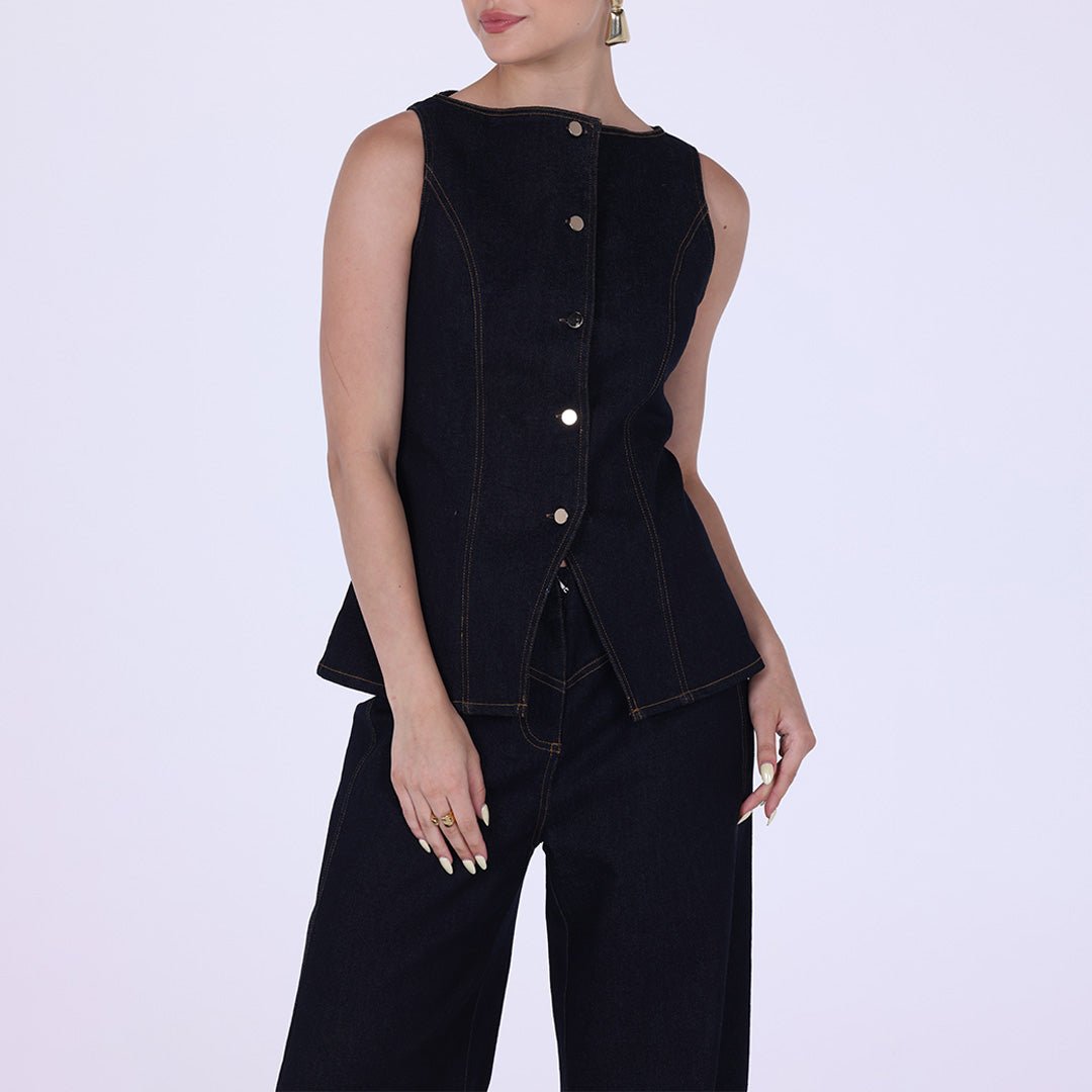 Denim Sleeveless Top With Buttons - shopaleena