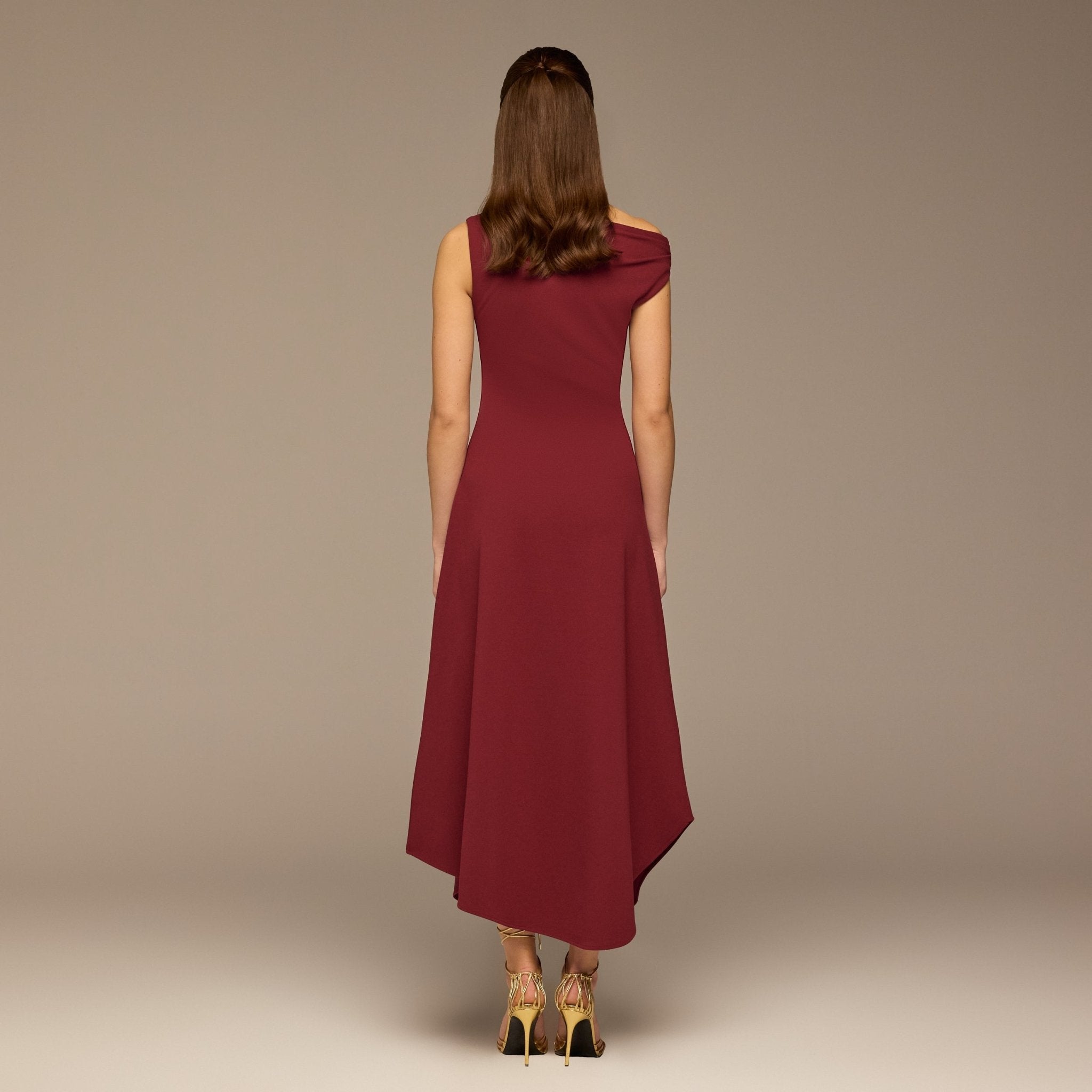 Draped A-Line Crepe Midi Dress - shopaleena