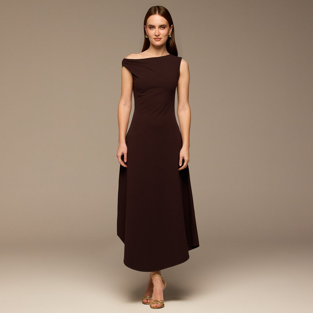 Draped A-Line Crepe Midi Dress - shopaleena