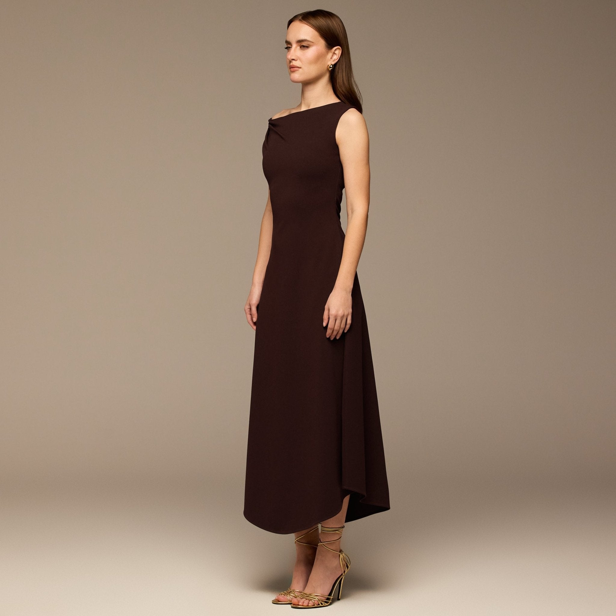 Draped A-Line Crepe Midi Dress - shopaleena