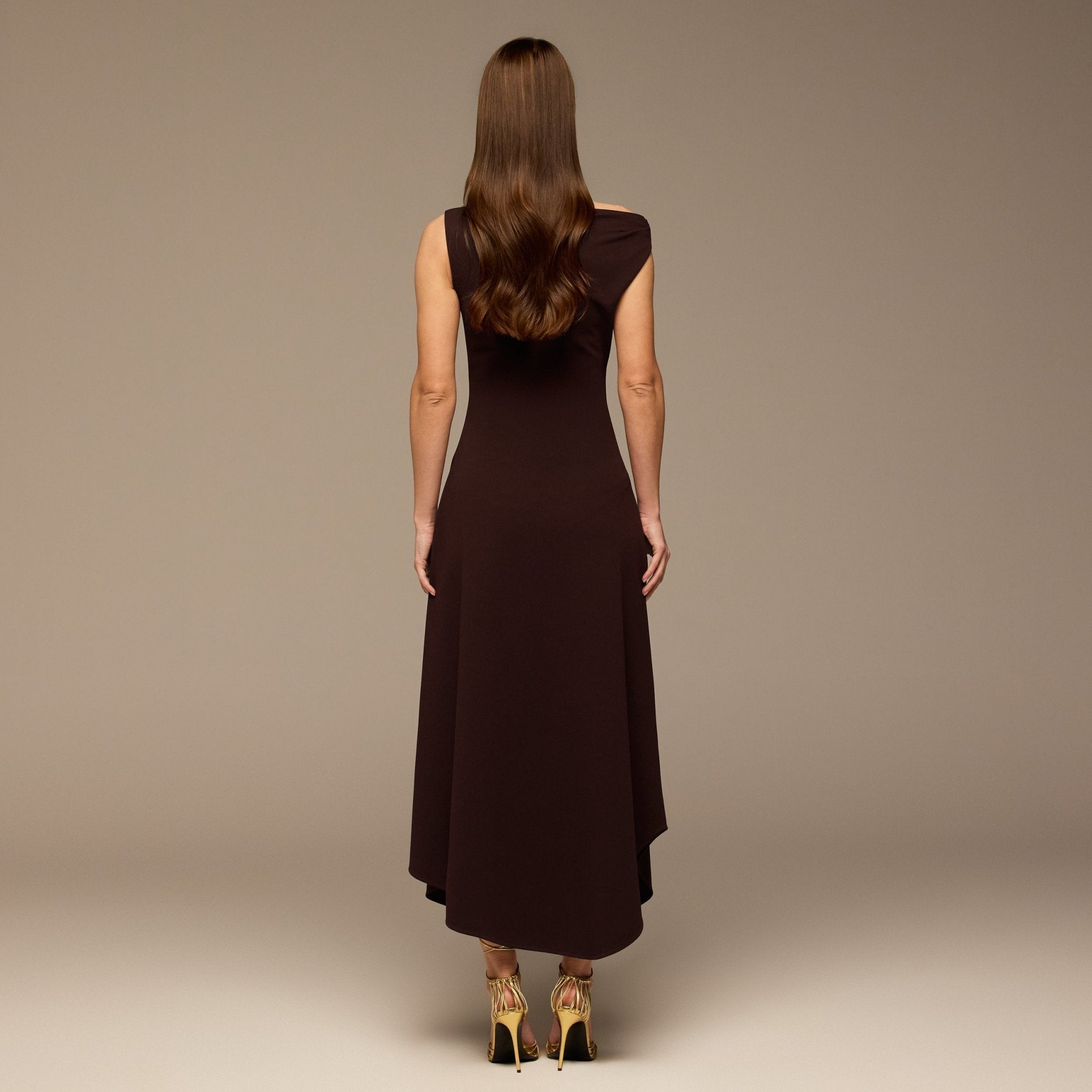 Draped A-Line Crepe Midi Dress - shopaleena