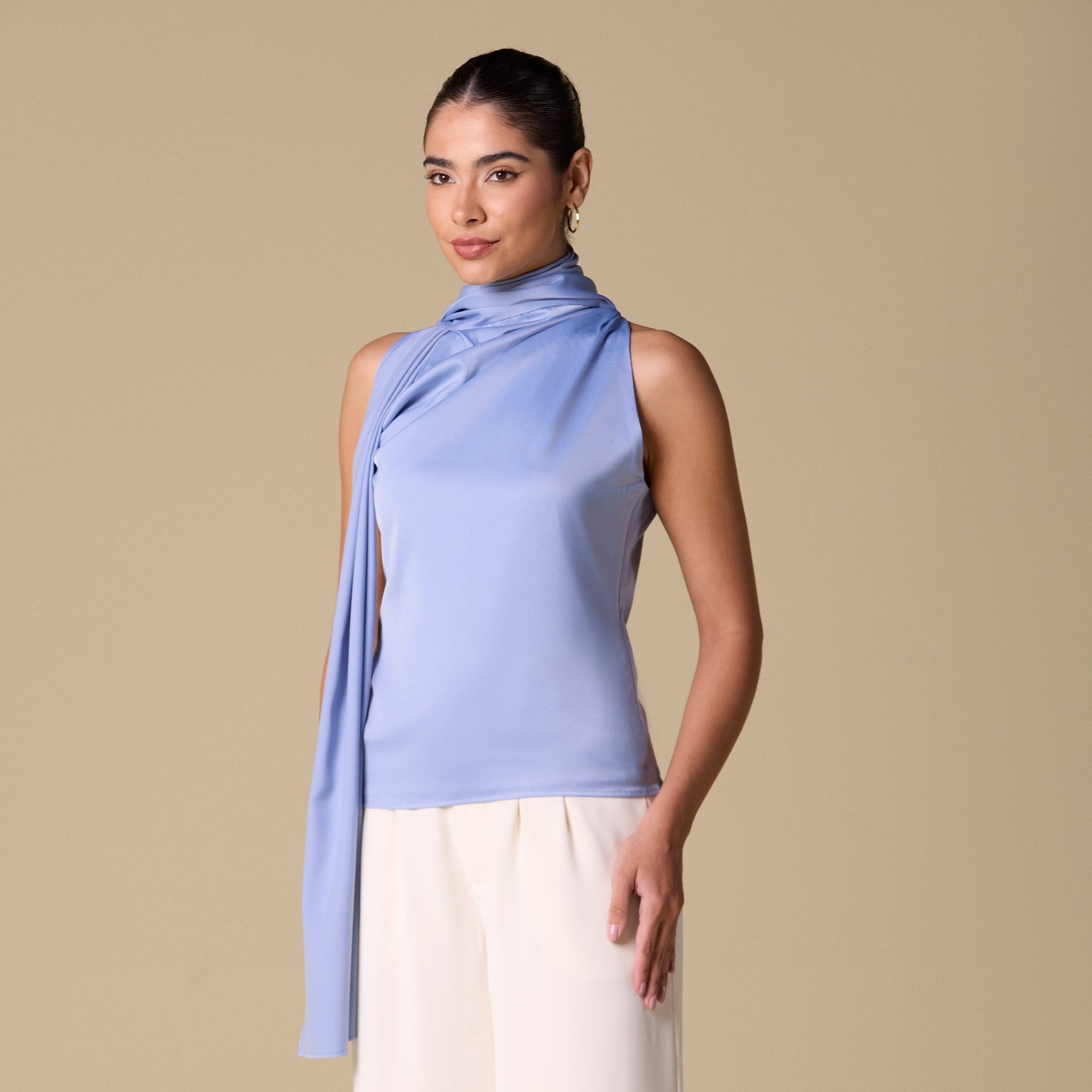 Draped Cowl Top with Attached Scarf - shopaleena