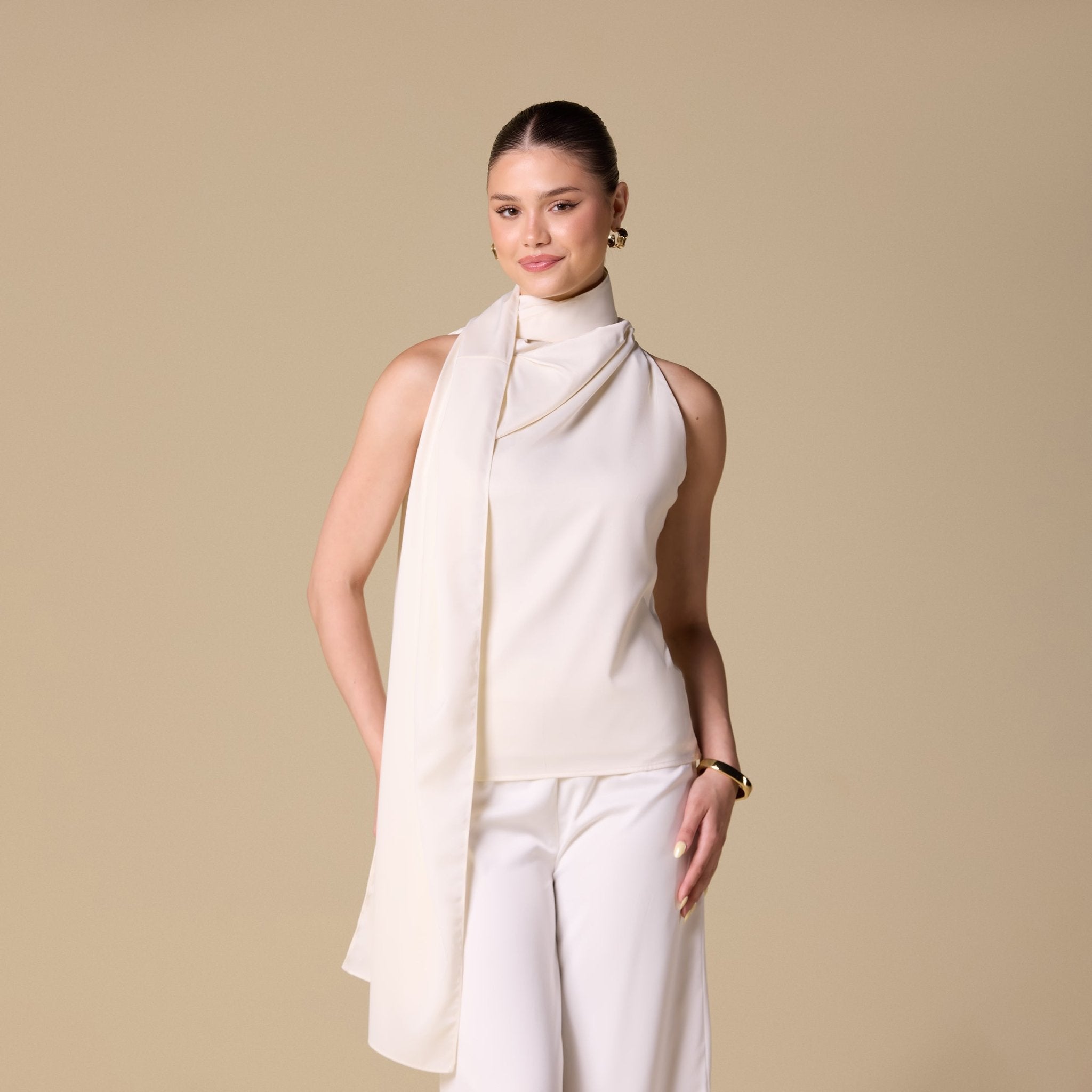 Draped Cowl Top with Attached Scarf - shopaleena