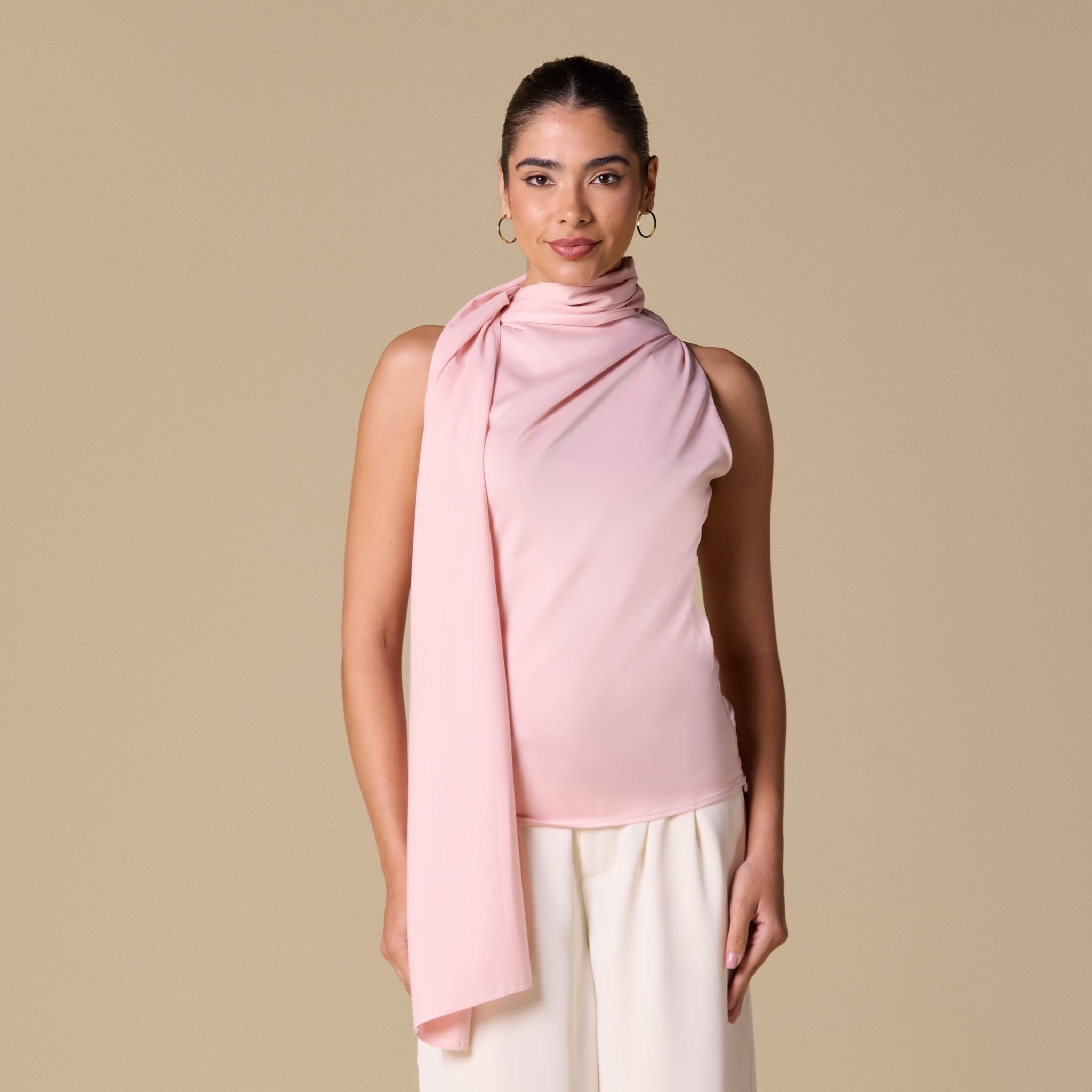 Draped Cowl Top with Attached Scarf - shopaleena