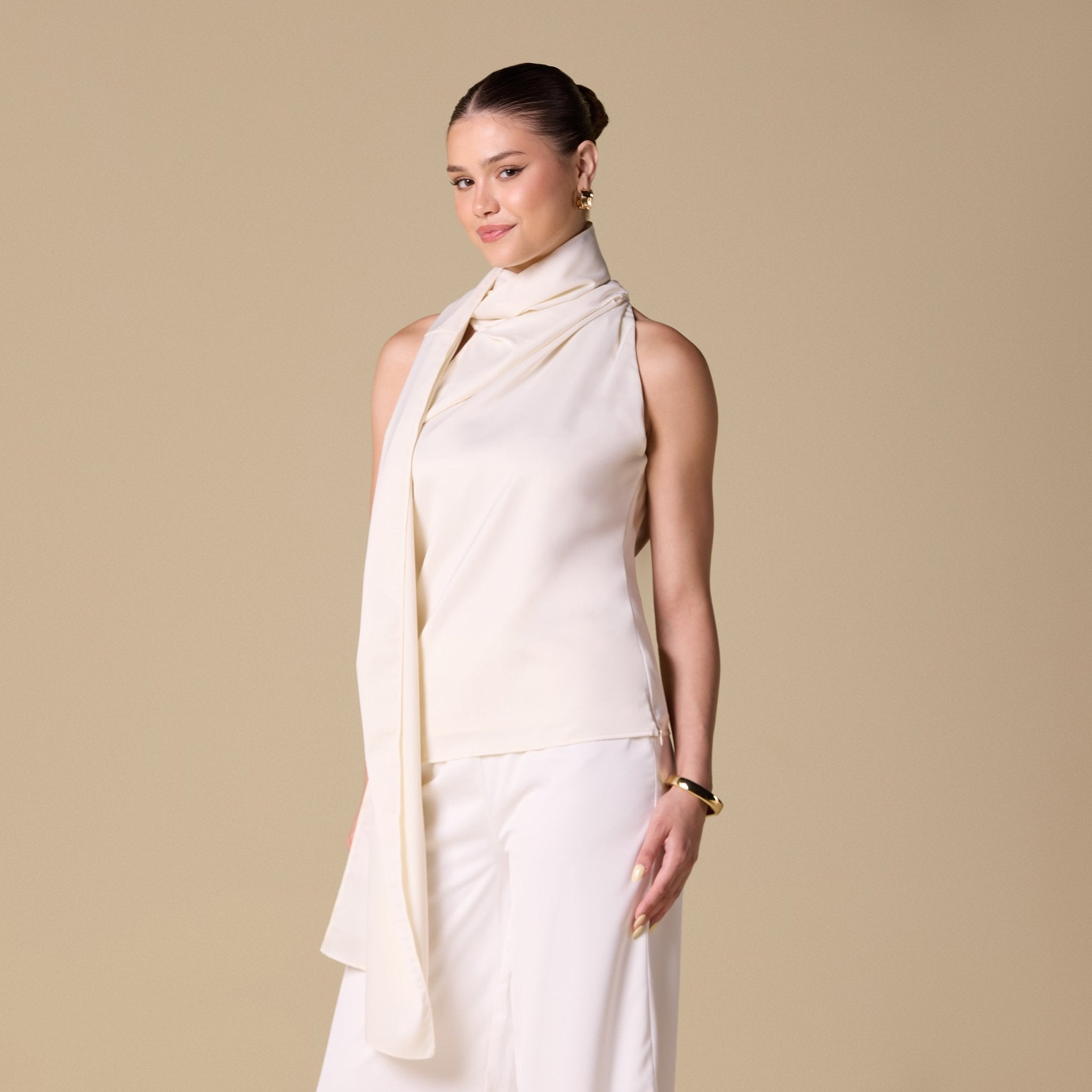 Draped Cowl Top with Attached Scarf - shopaleena