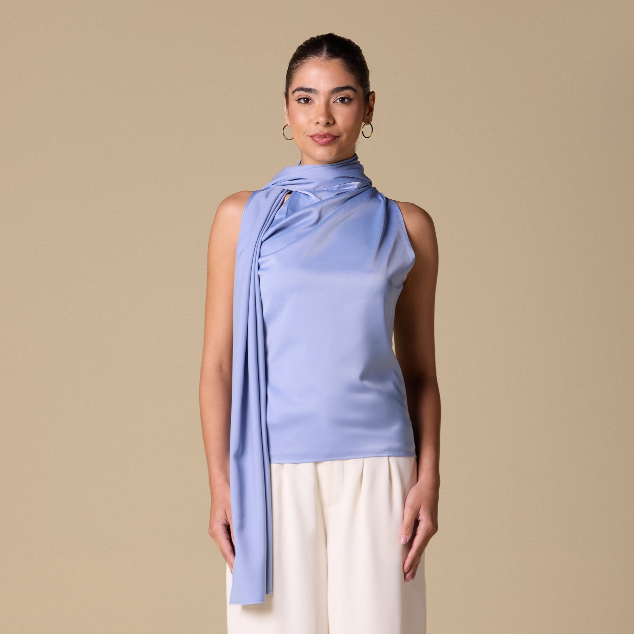 Draped Cowl Top with Attached Scarf - shopaleena