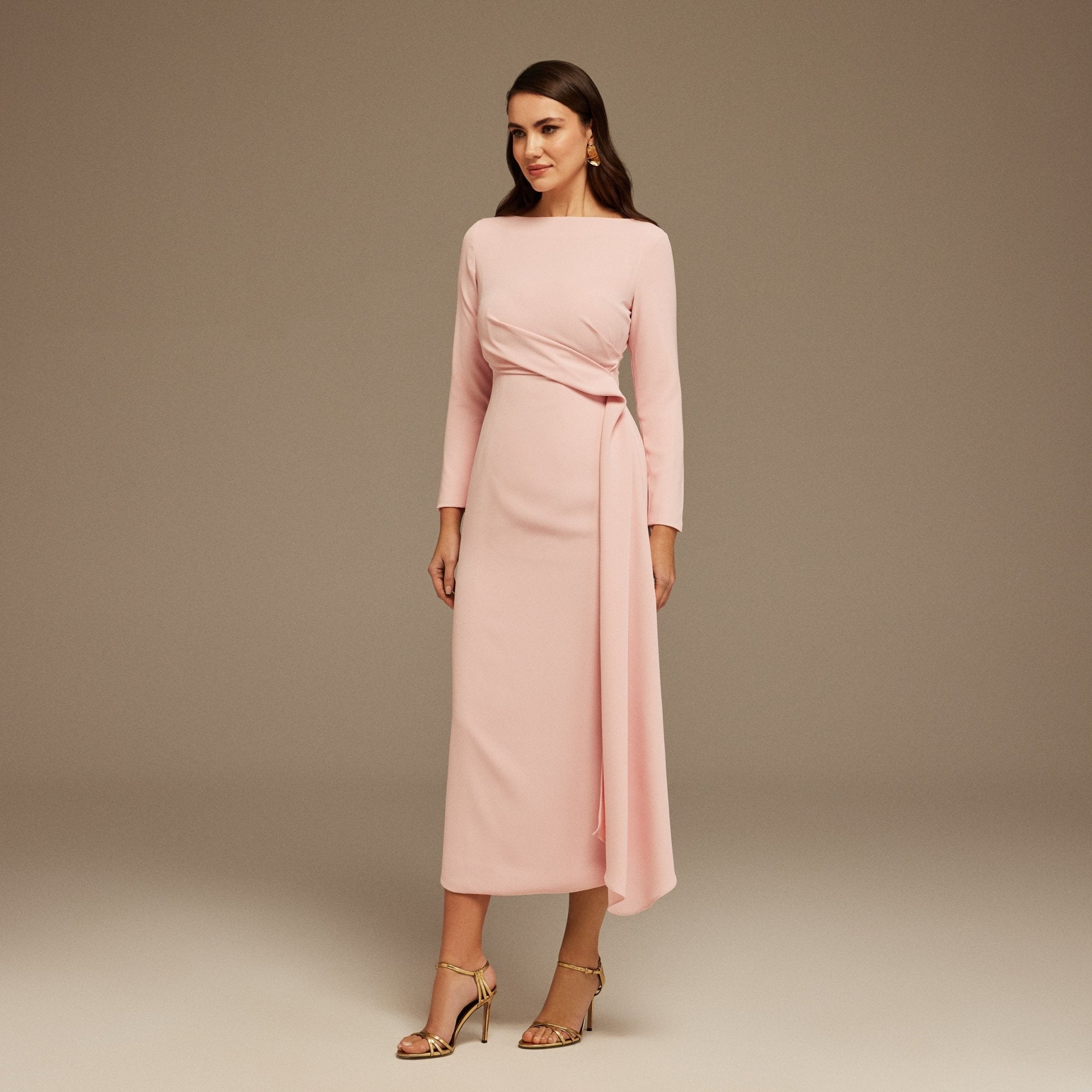 Pink Draped Midi Dress with Long Sleeves – shopaleena