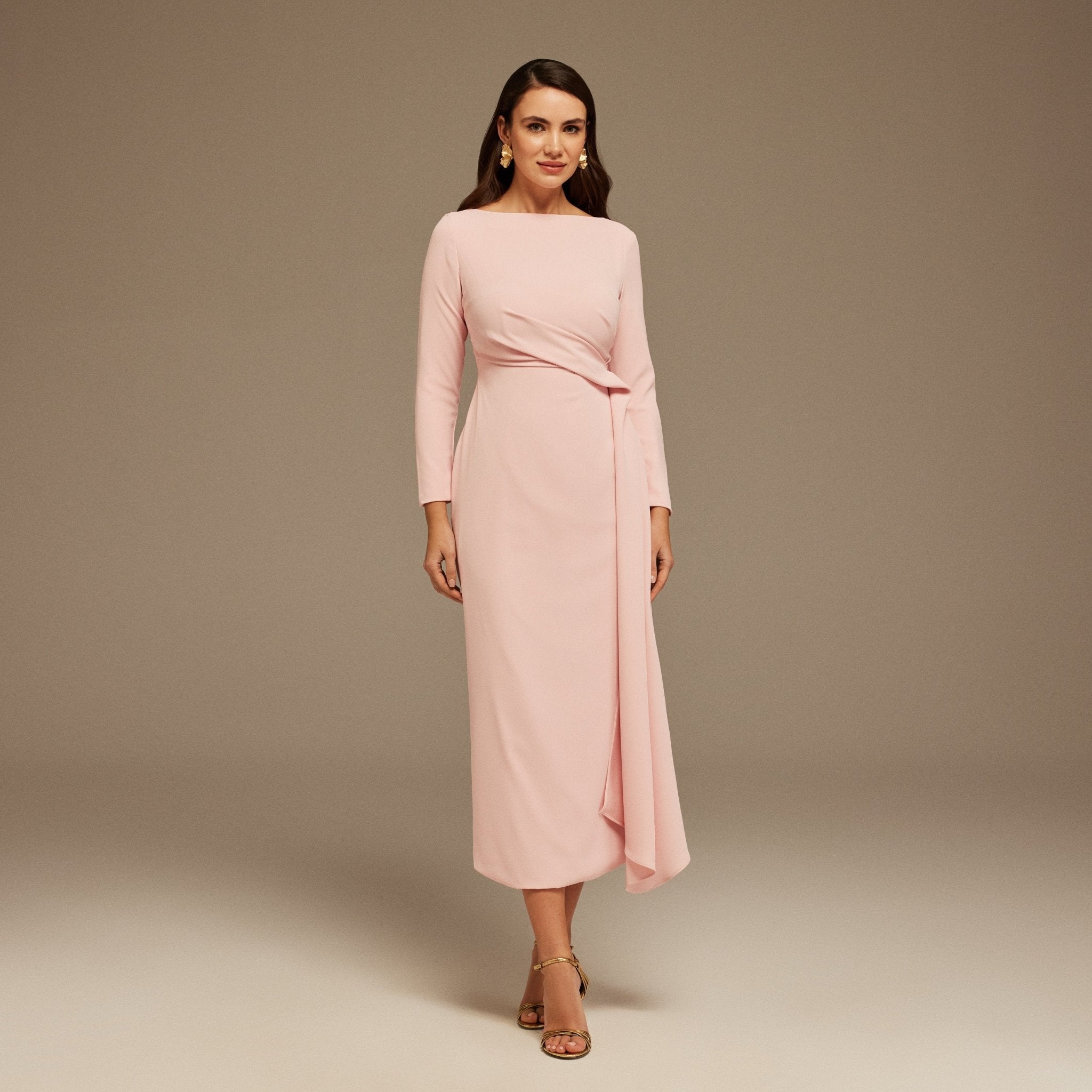 Draped Midi Dress with Long Sleeves - shopaleena