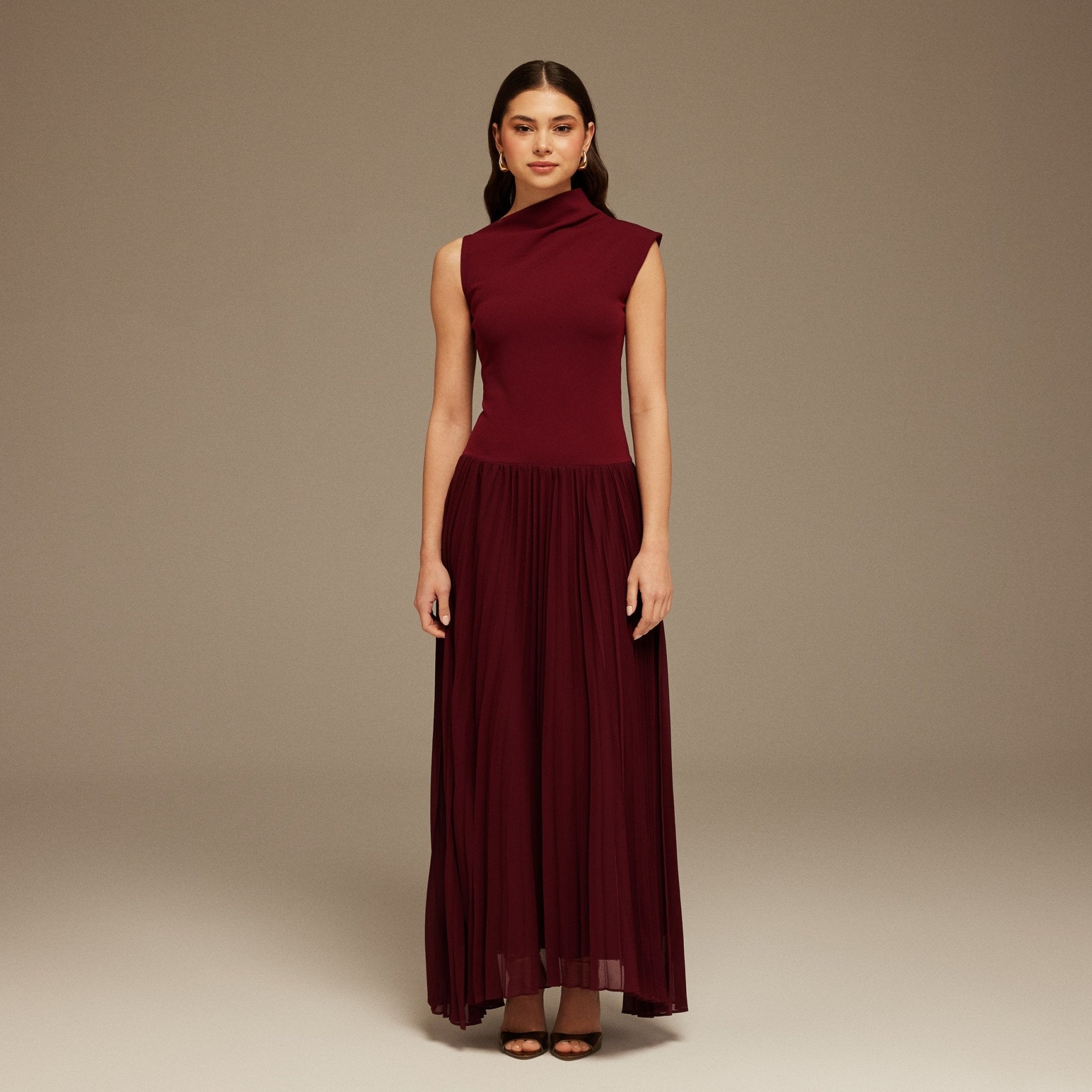 Draped Neck Pleated Skirt Maxi Dress - shopaleena