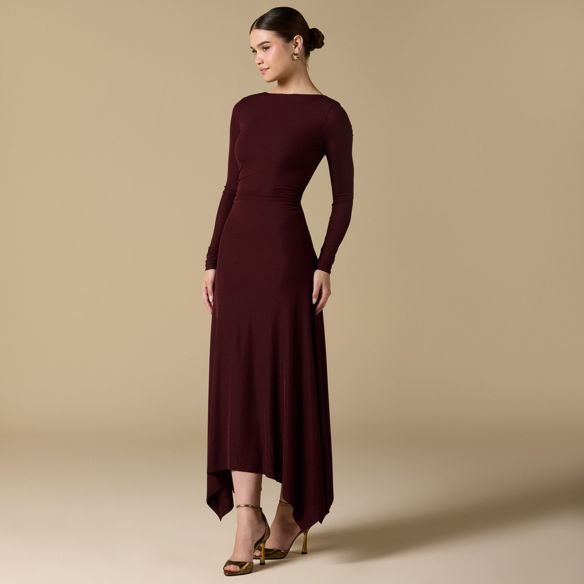 Draped Neck Slim - Fit Midi Dress in Jersey - shopaleena