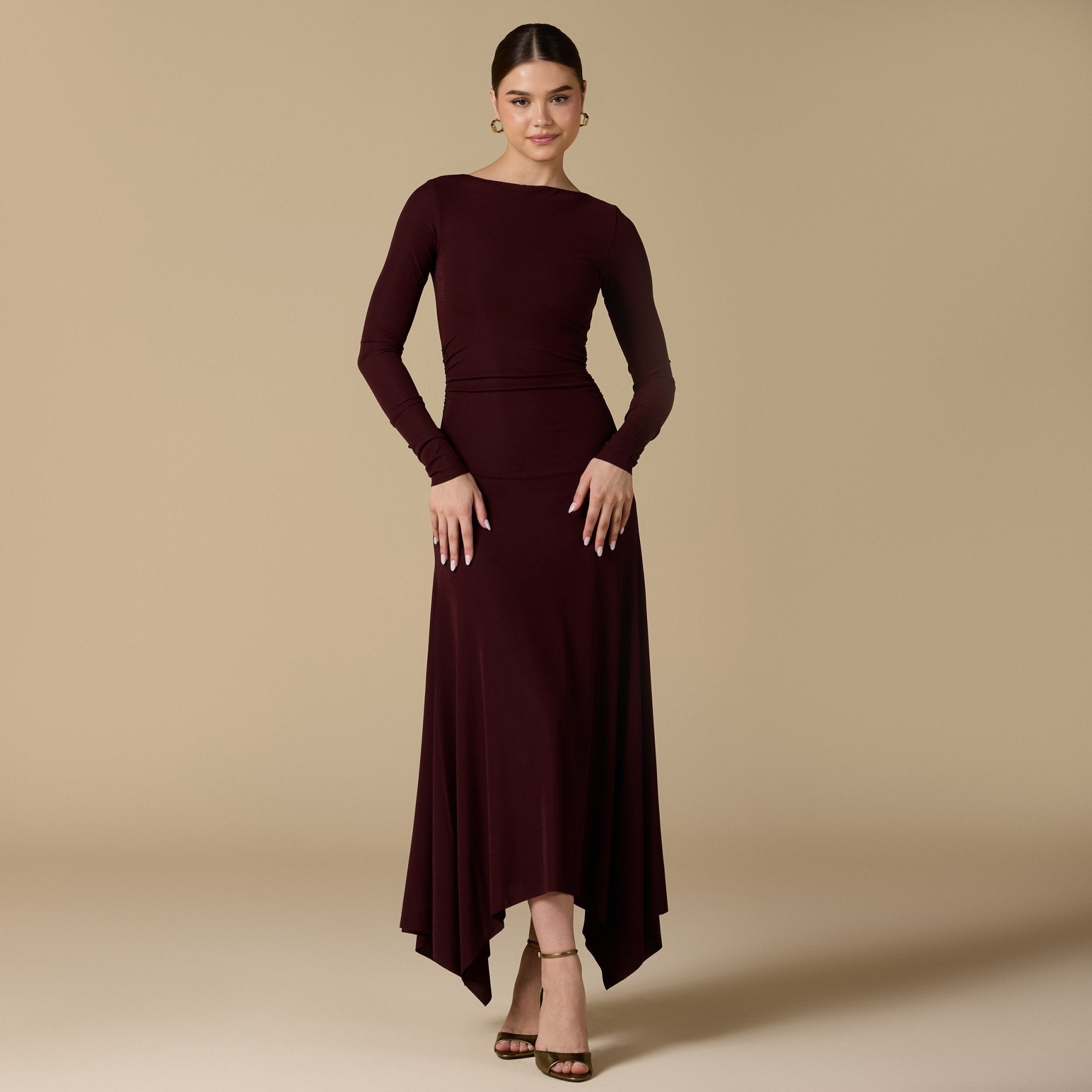 Draped Neck Slim - Fit Midi Dress in Jersey - shopaleena