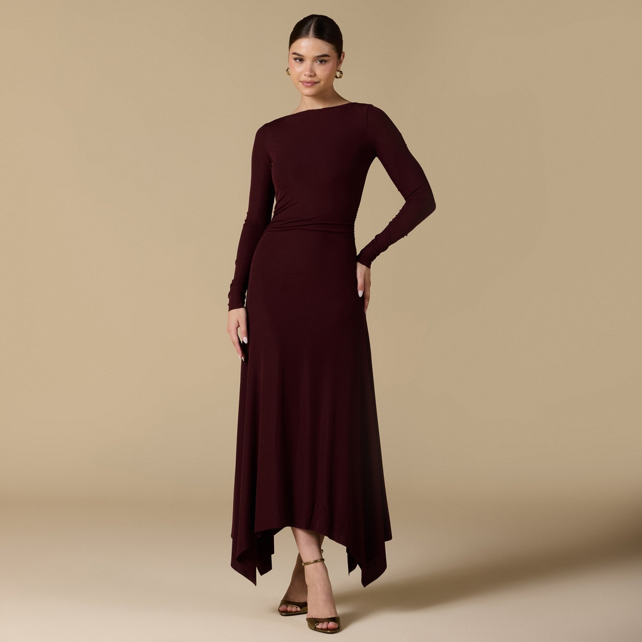 Draped Neck Slim - Fit Midi Dress in Jersey - shopaleena