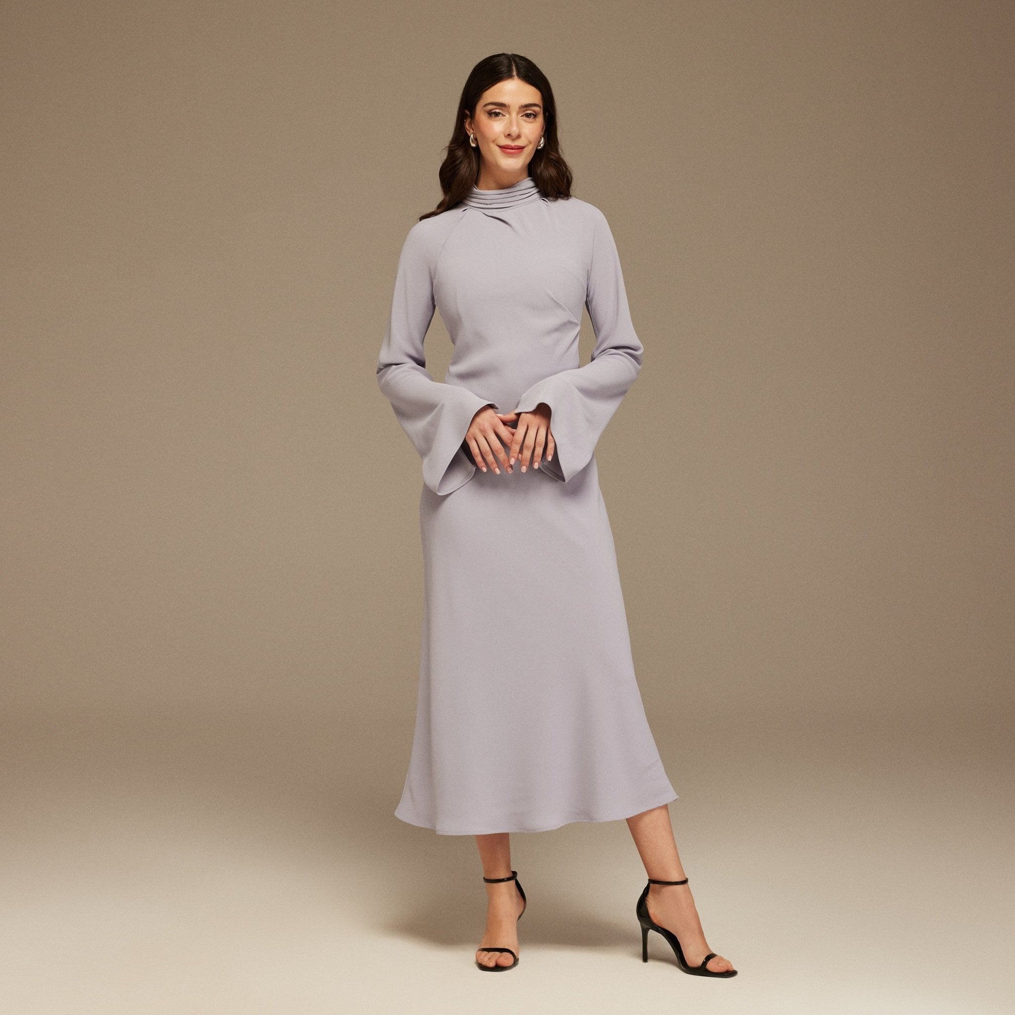 Draped Neckline Long Sleeve Crepe Midi Dress - shopaleena