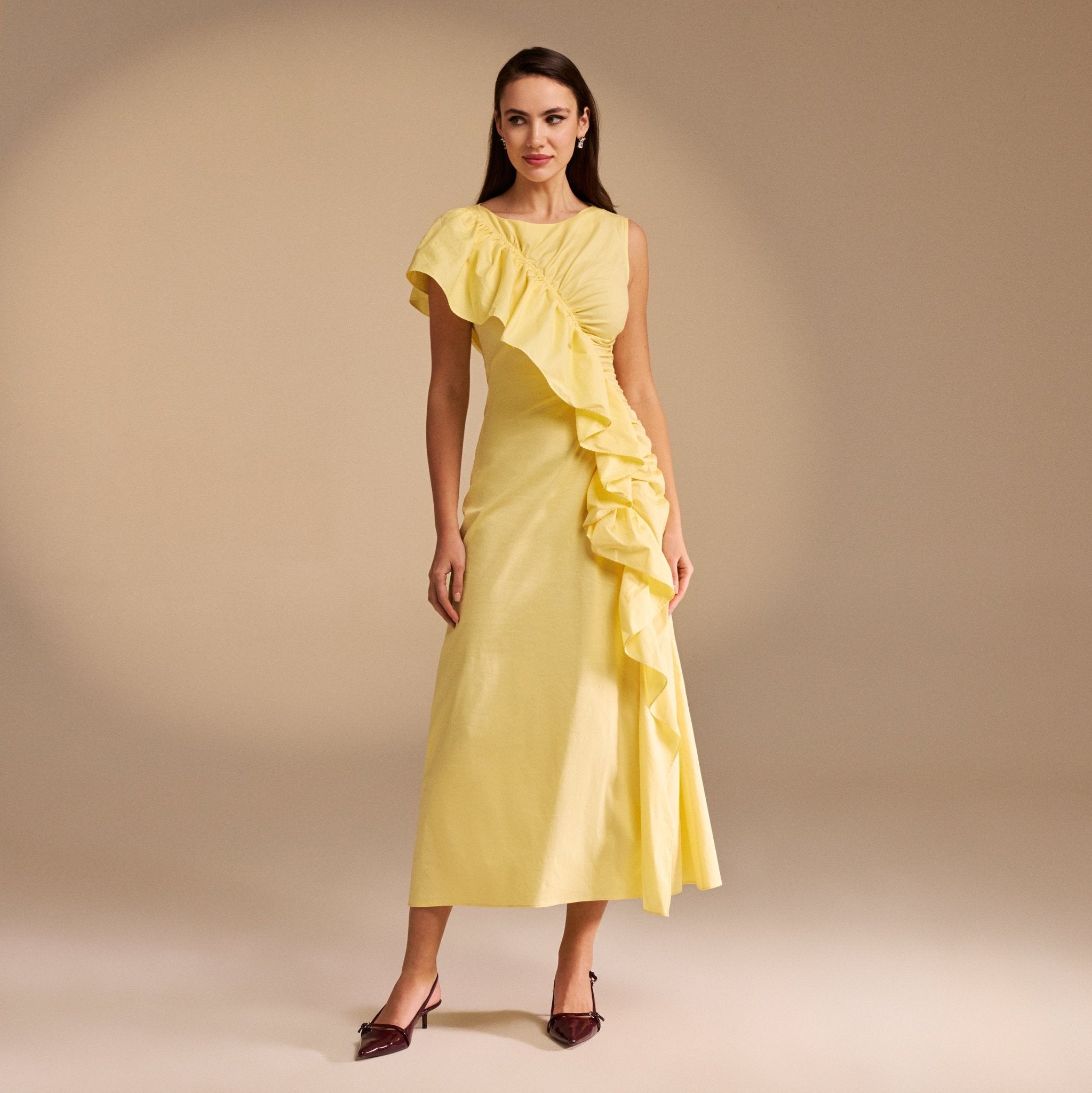 Draped Ruffle Poplin Midi Dress - shopaleena