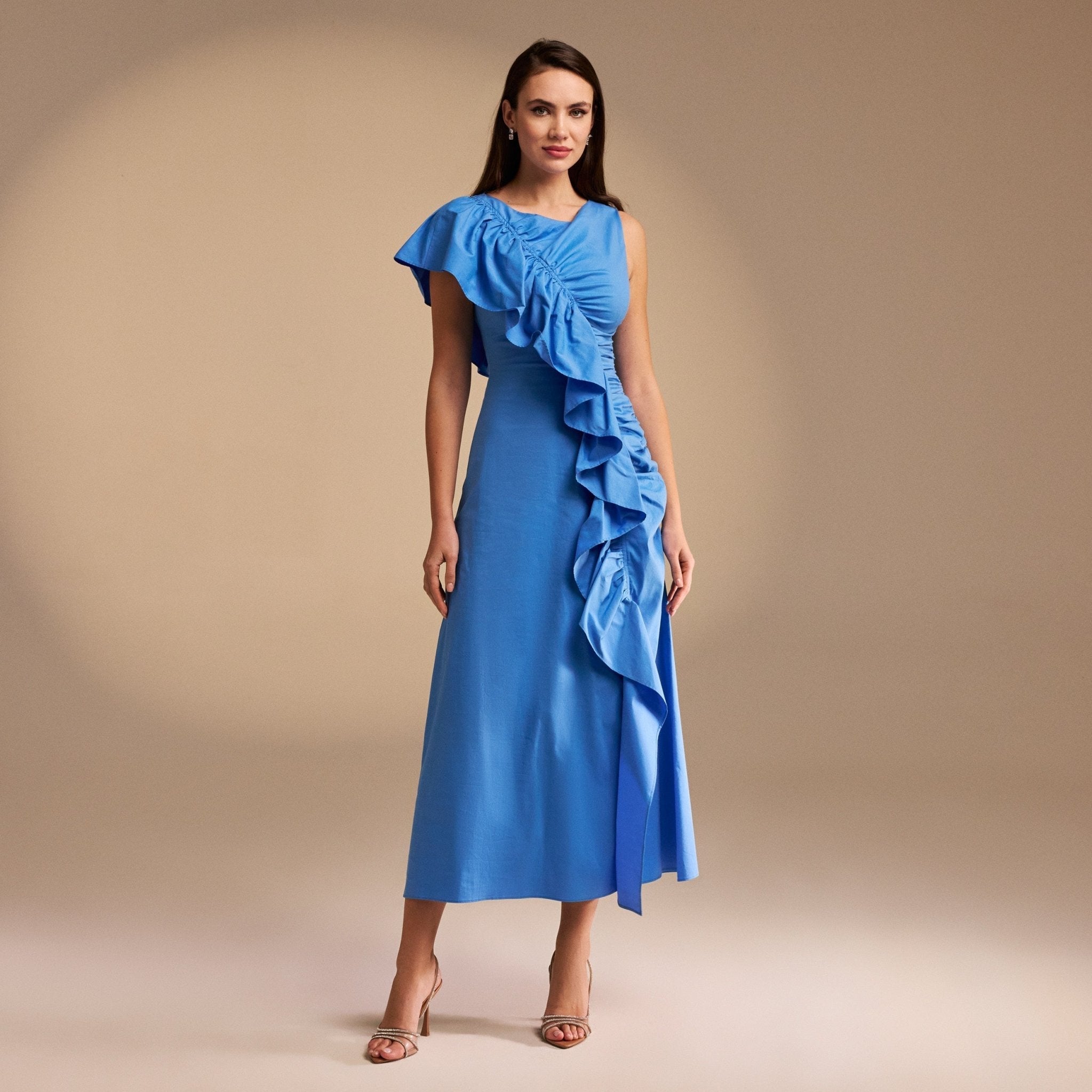 Draped Ruffle Poplin Midi Dress - shopaleena