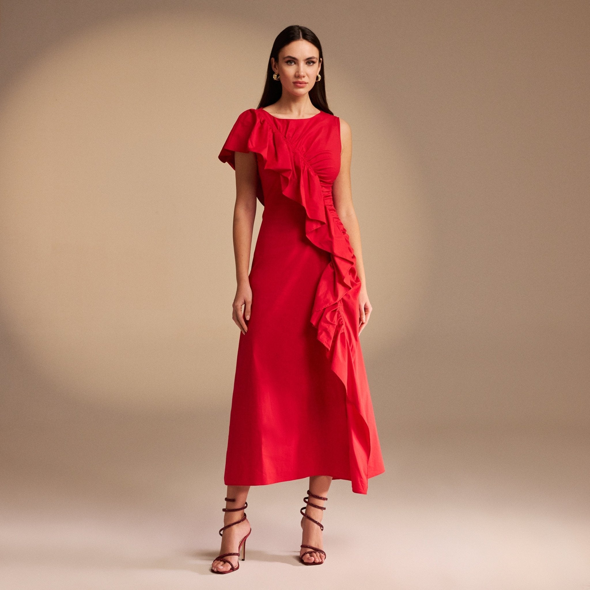 Draped Ruffle Poplin Midi Dress - shopaleena