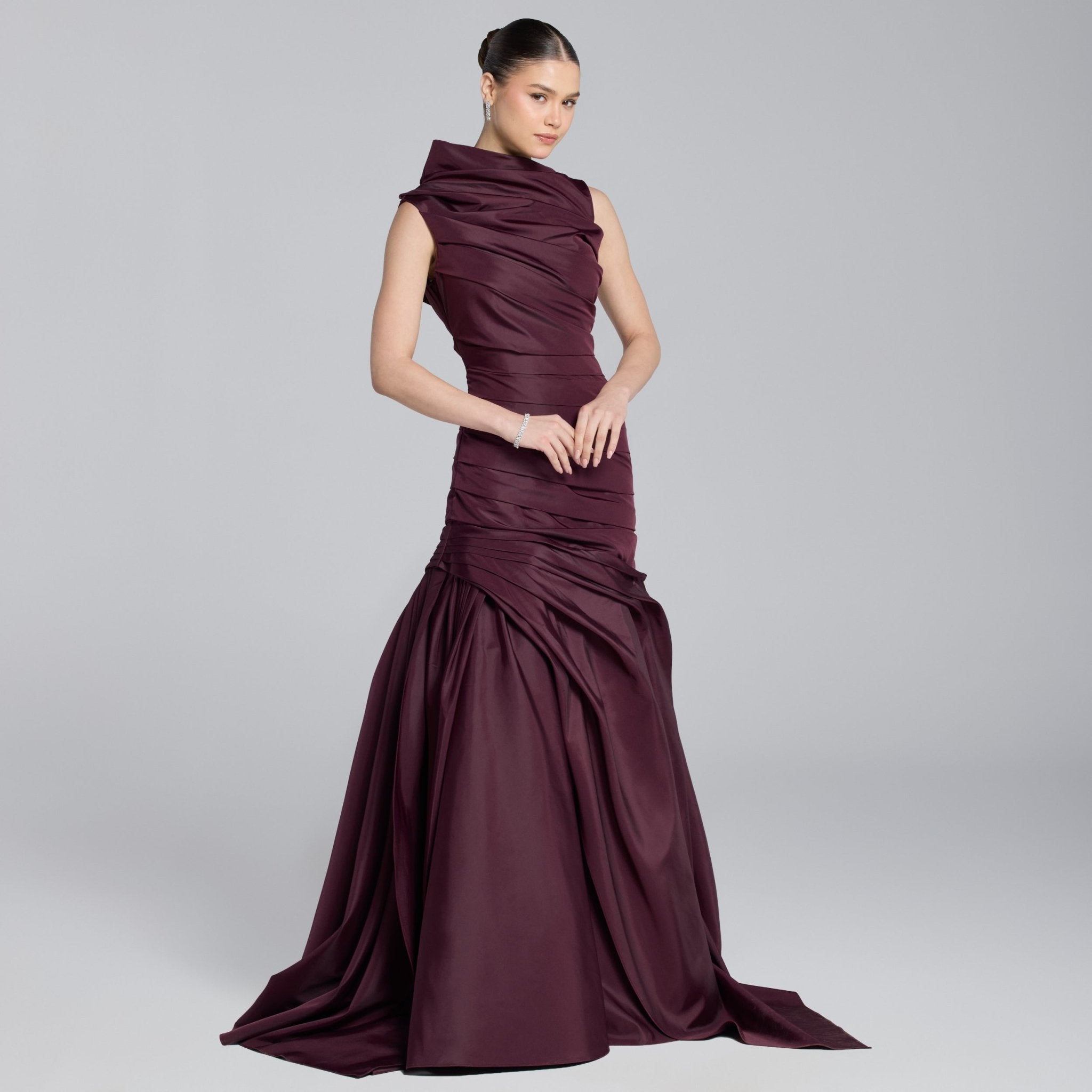 Draped Taffeta Fishtail Gown - shopaleena