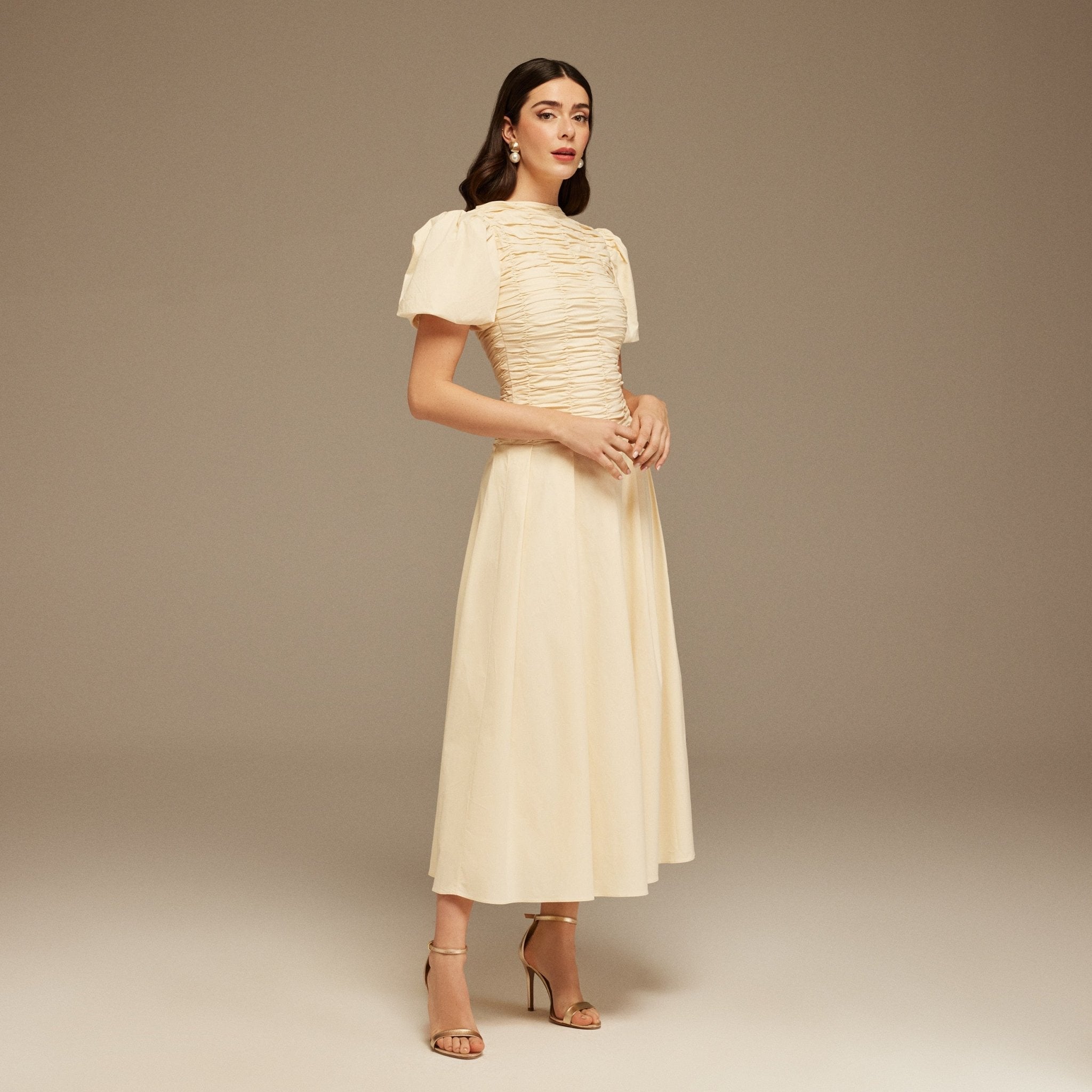 Draped Top Short Sleeve Midi Dress - shopaleena