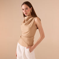 Draped Neck Twill Top - shopaleena