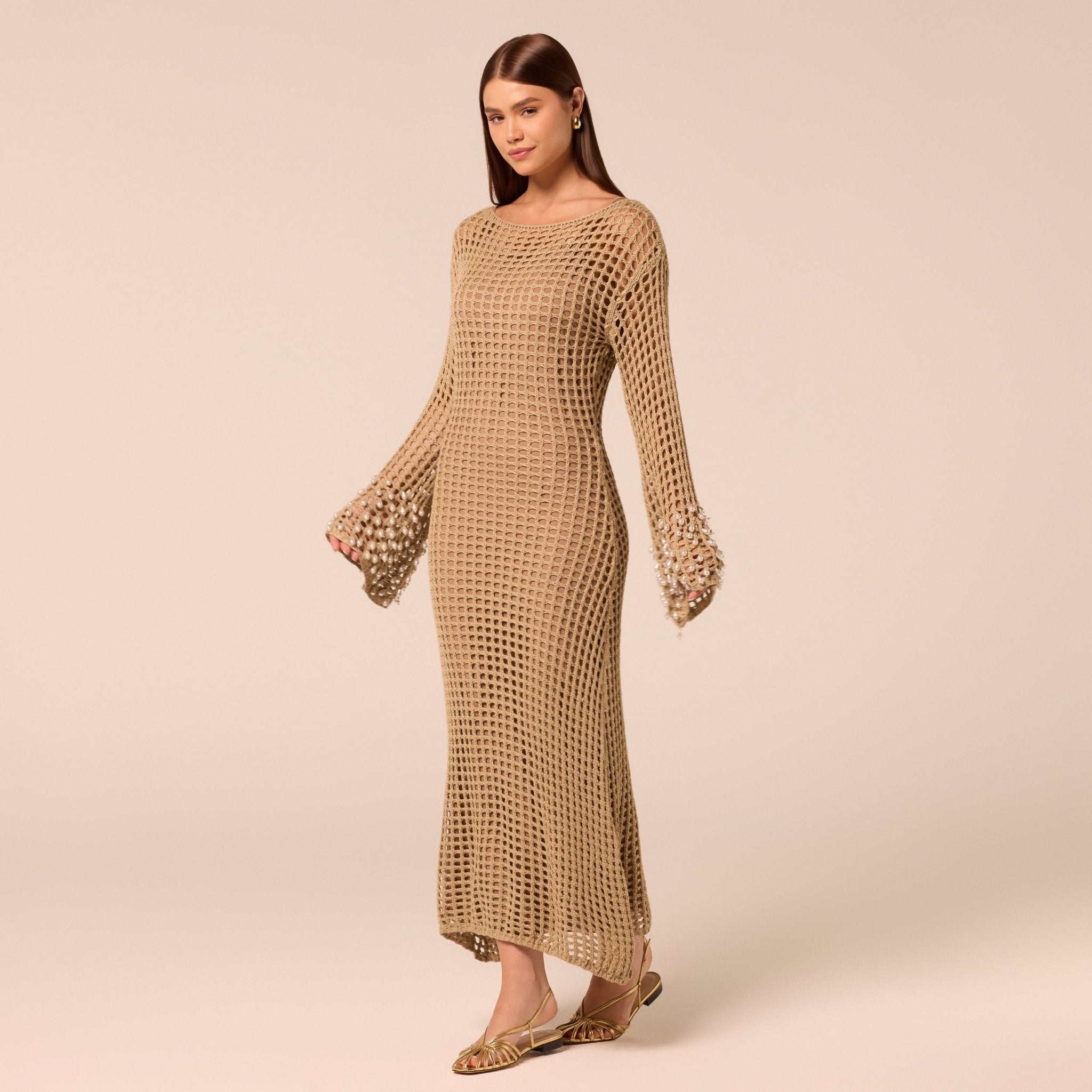 Embellished Bell Sleeve Crochet Dress - shopaleena
