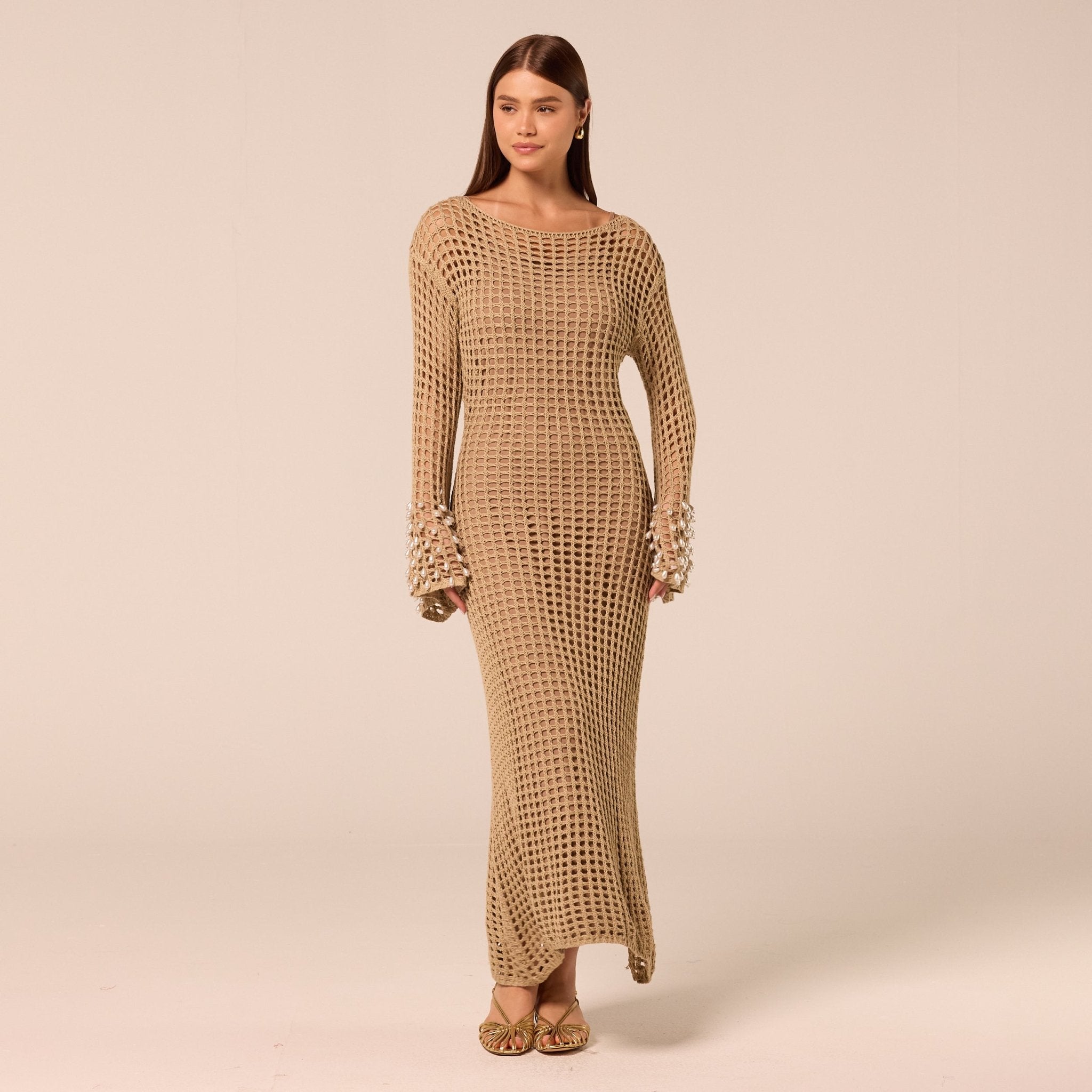 Embellished Bell Sleeve Crochet Dress - shopaleena