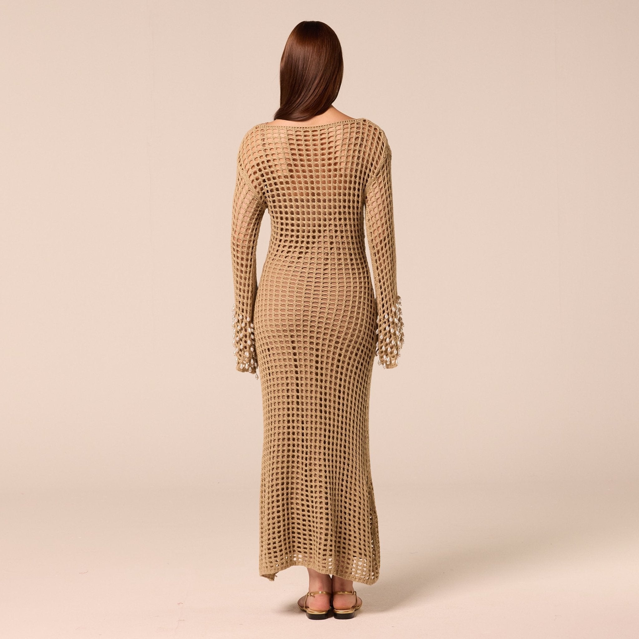 Embellished Bell Sleeve Crochet Dress - shopaleena