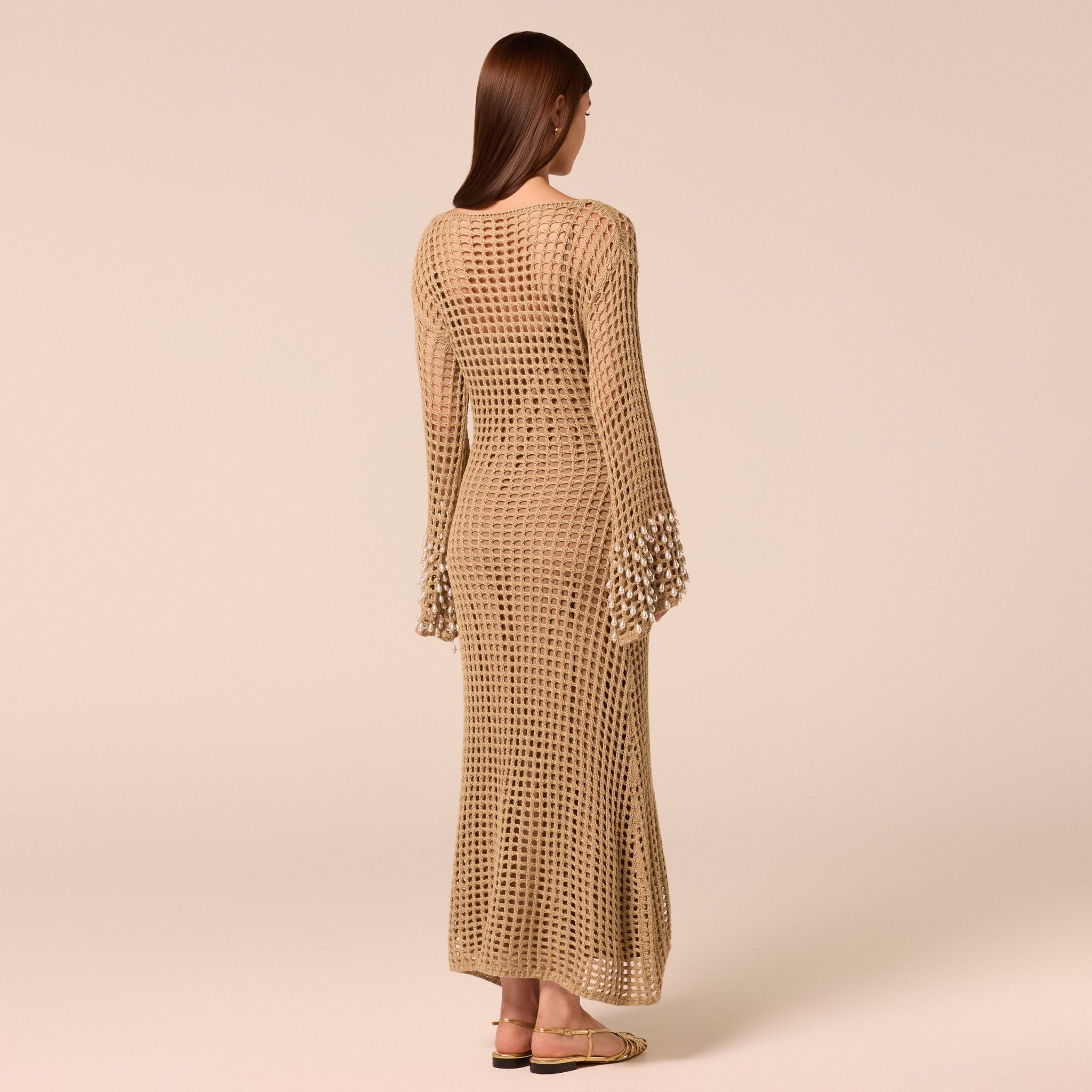 Embellished Bell Sleeve Crochet Dress - shopaleena
