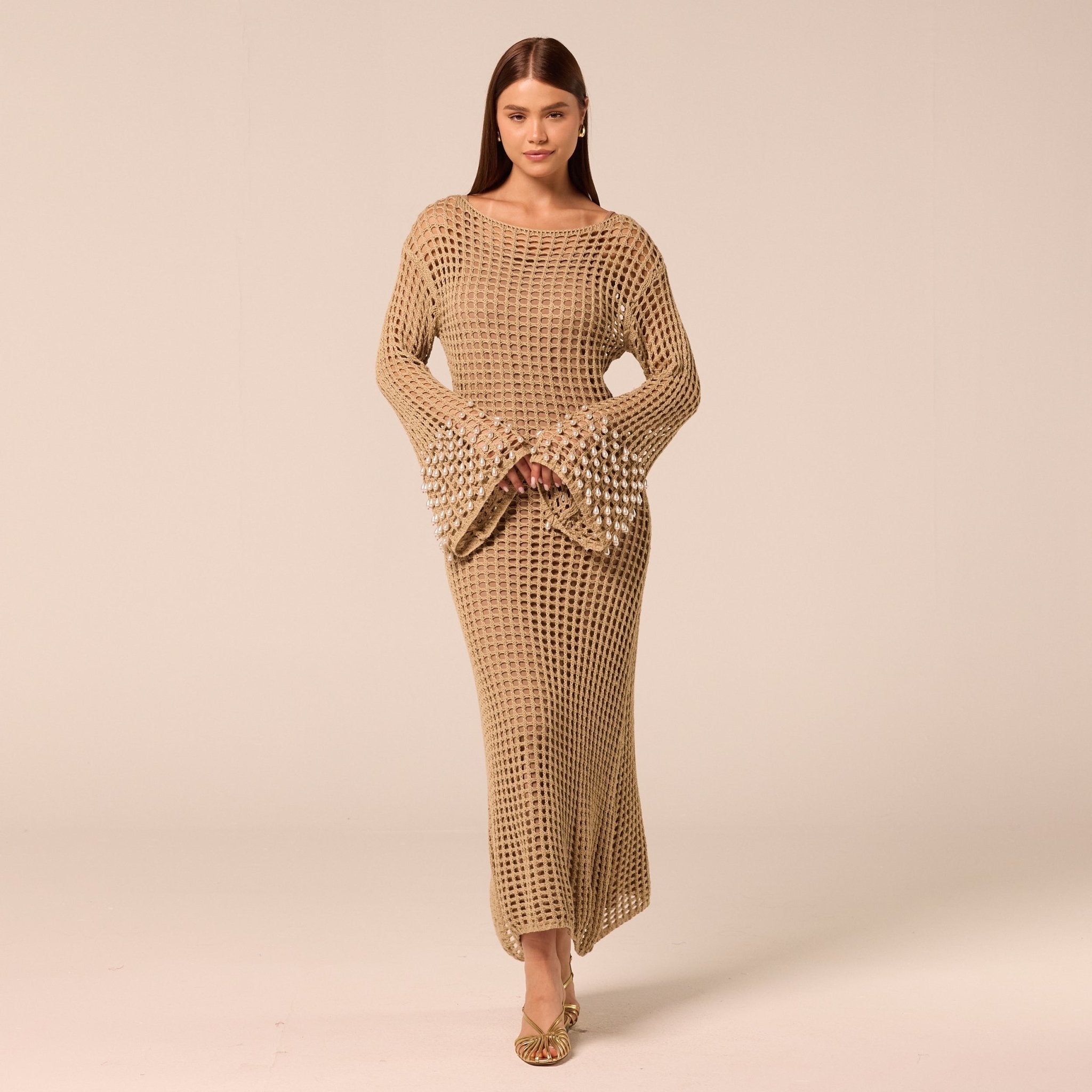 Embellished Bell Sleeve Crochet Dress - shopaleena