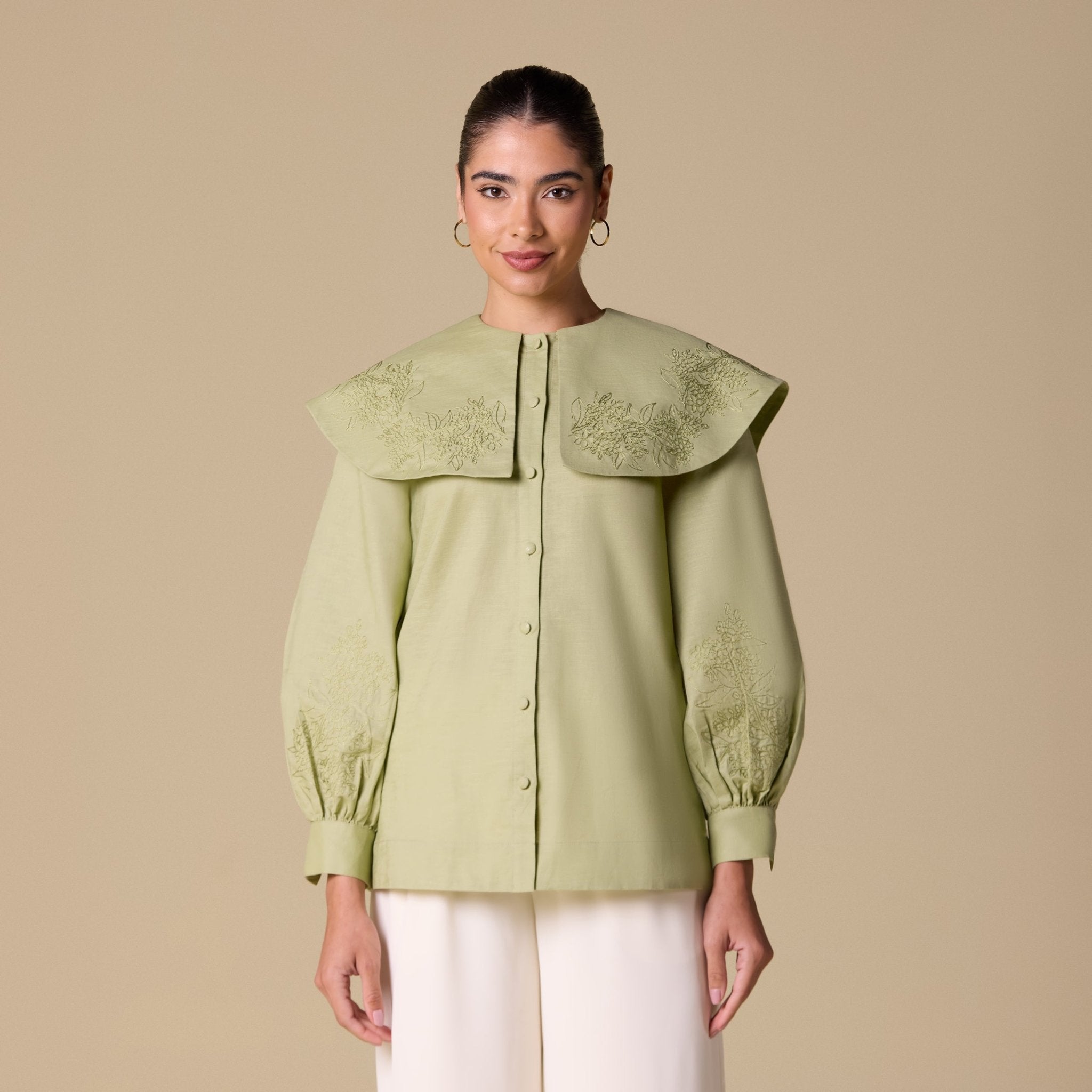 Embroidered Puff Sleeve Linen Top - shopaleena