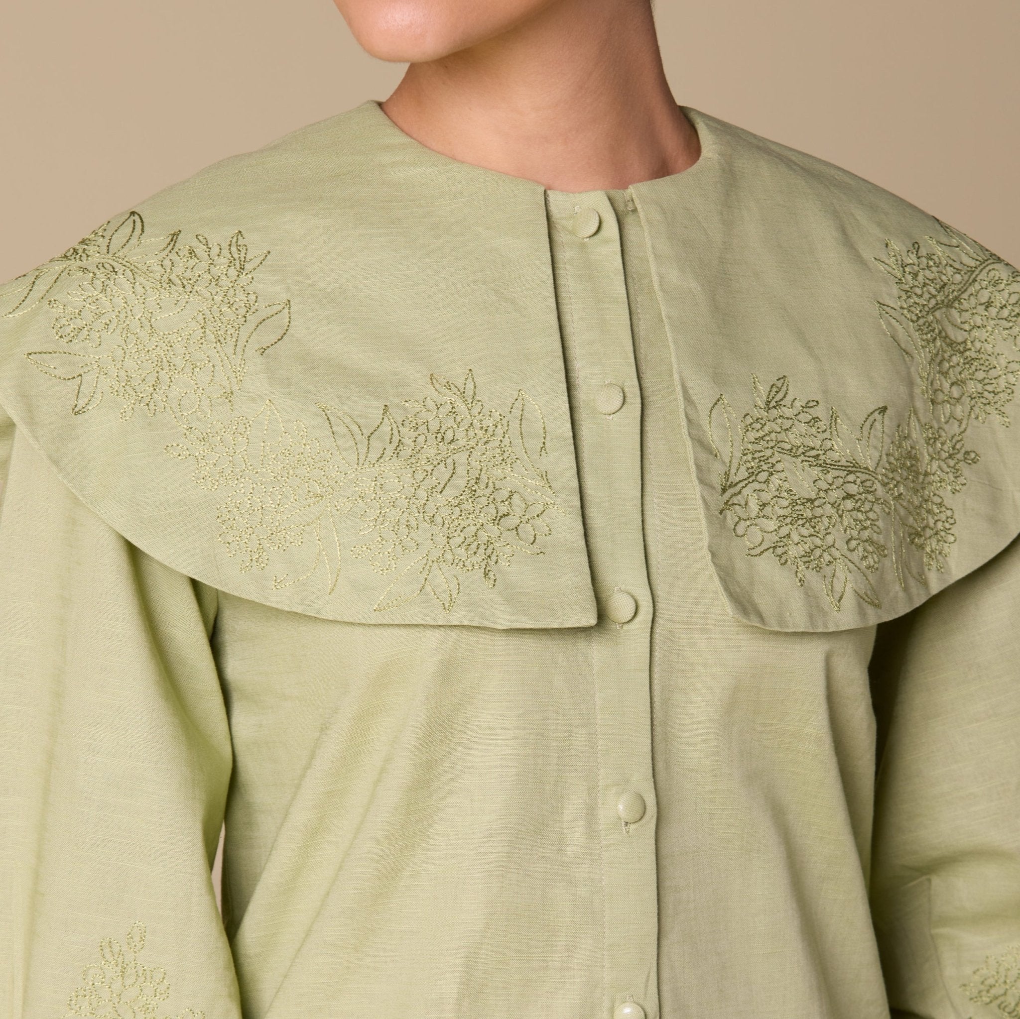 Embroidered Puff Sleeve Linen Top - shopaleena