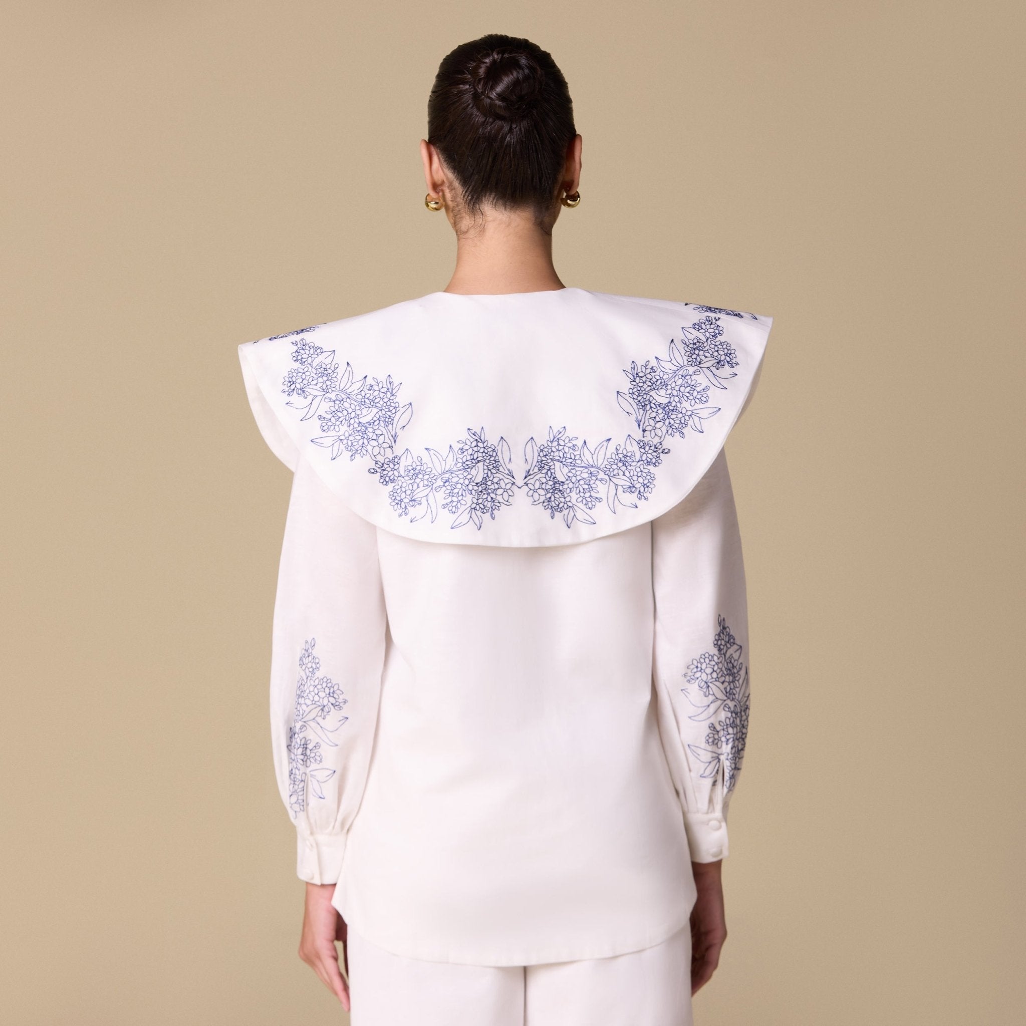 Embroidered Puff Sleeve Linen Top - shopaleena