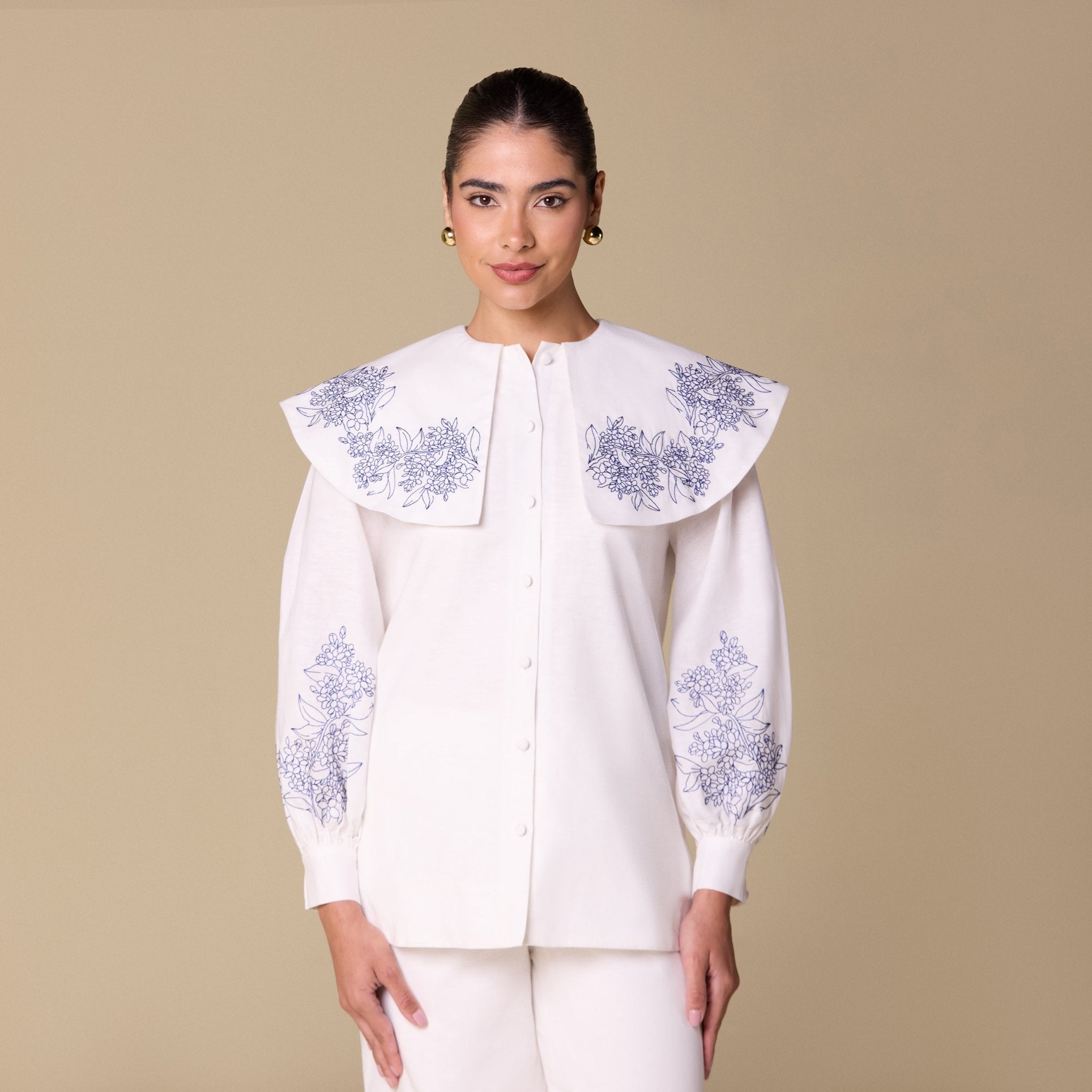 Embroidered Puff Sleeve Linen Top - shopaleena