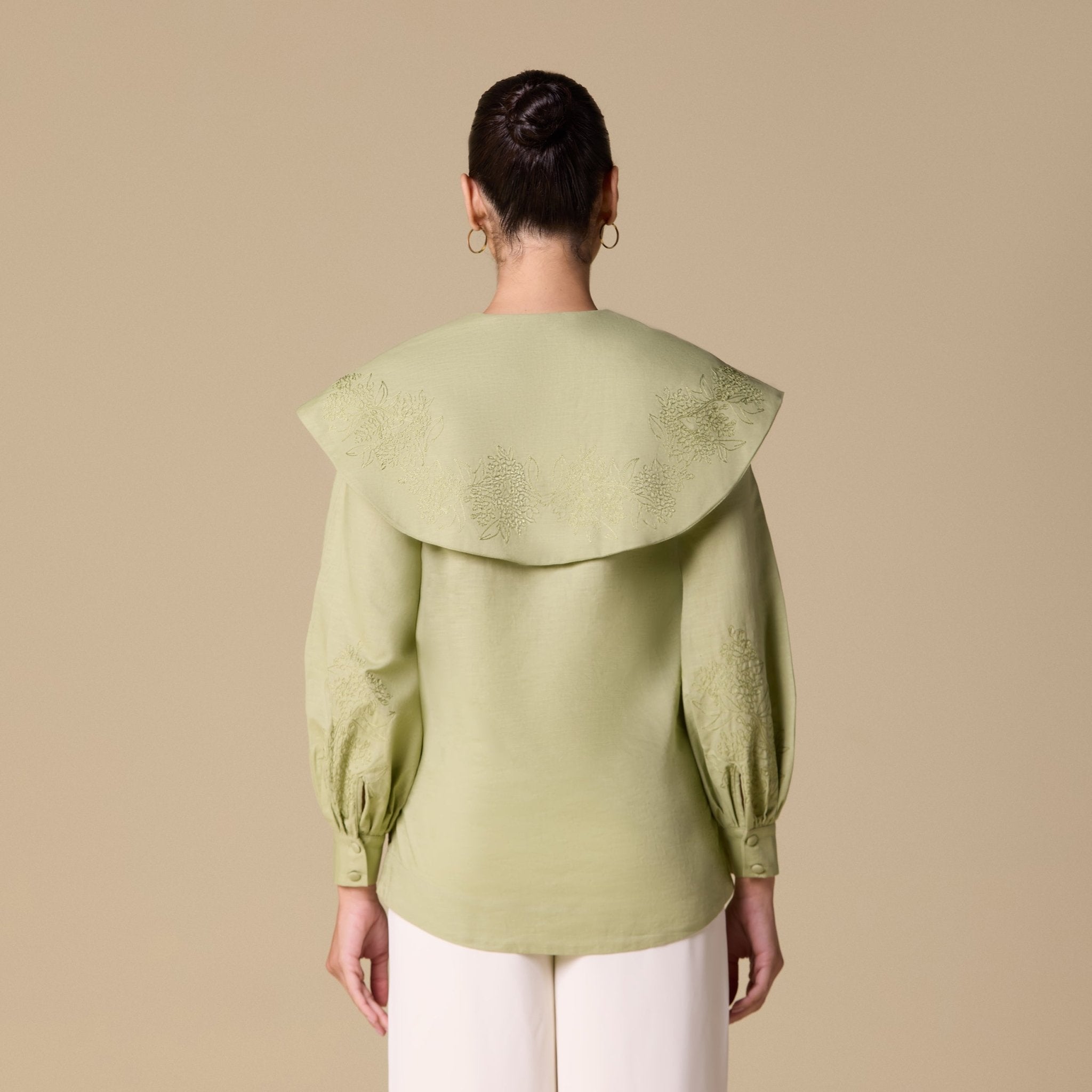 Embroidered Puff Sleeve Linen Top - shopaleena