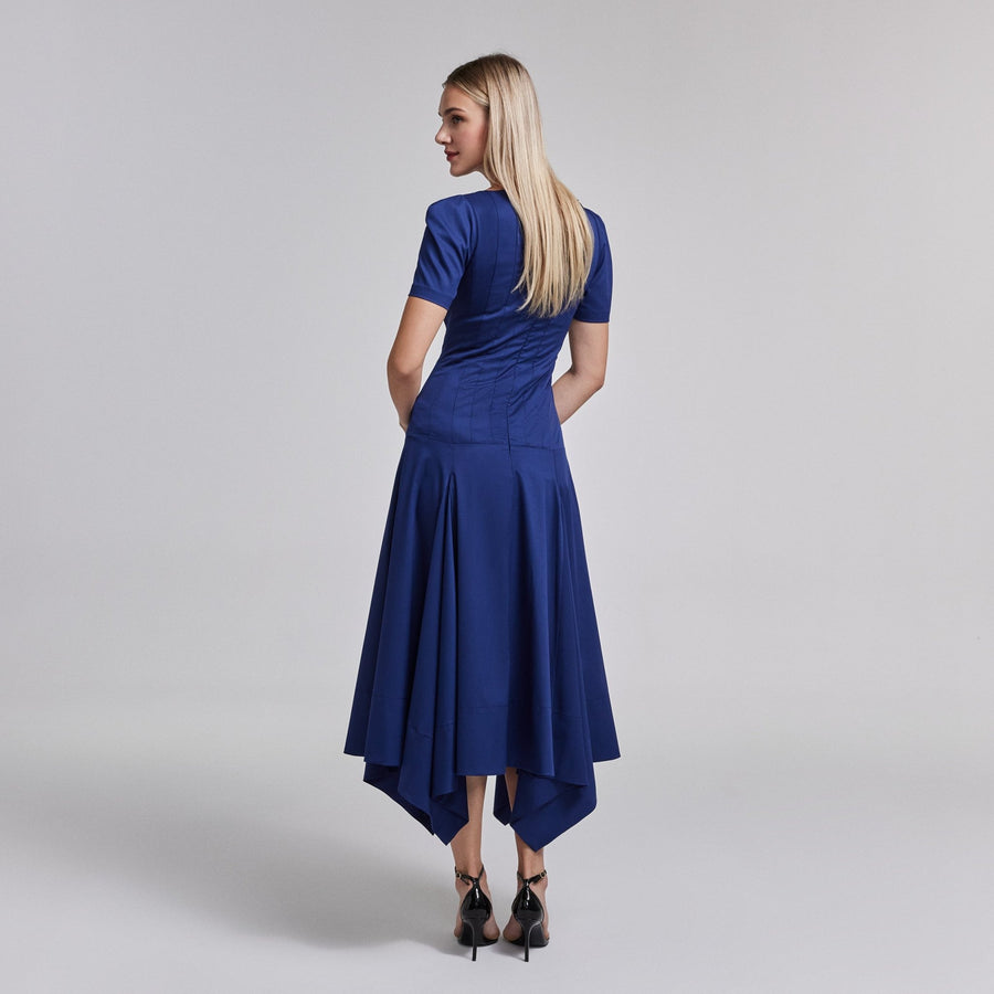 Fitted Waist Flared Twill Midi Dress - shopaleena