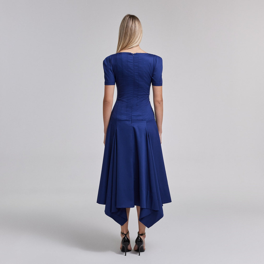 Fitted Waist Flared Twill Midi Dress - shopaleena