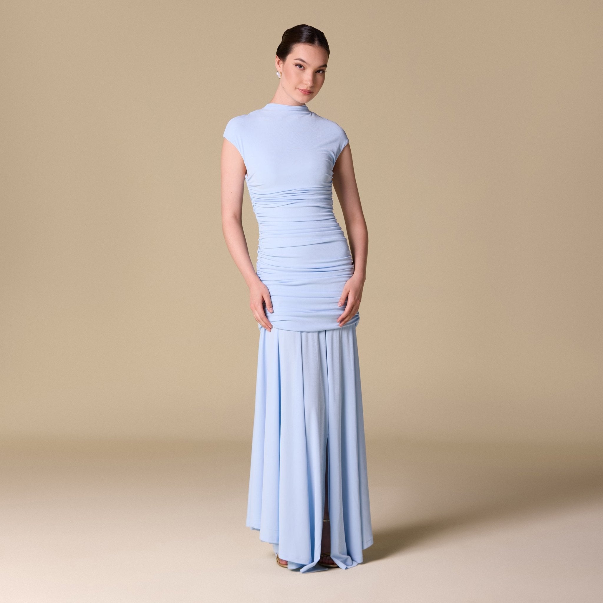 Flared A Line Mock Neck Maxi Dress - shopaleena