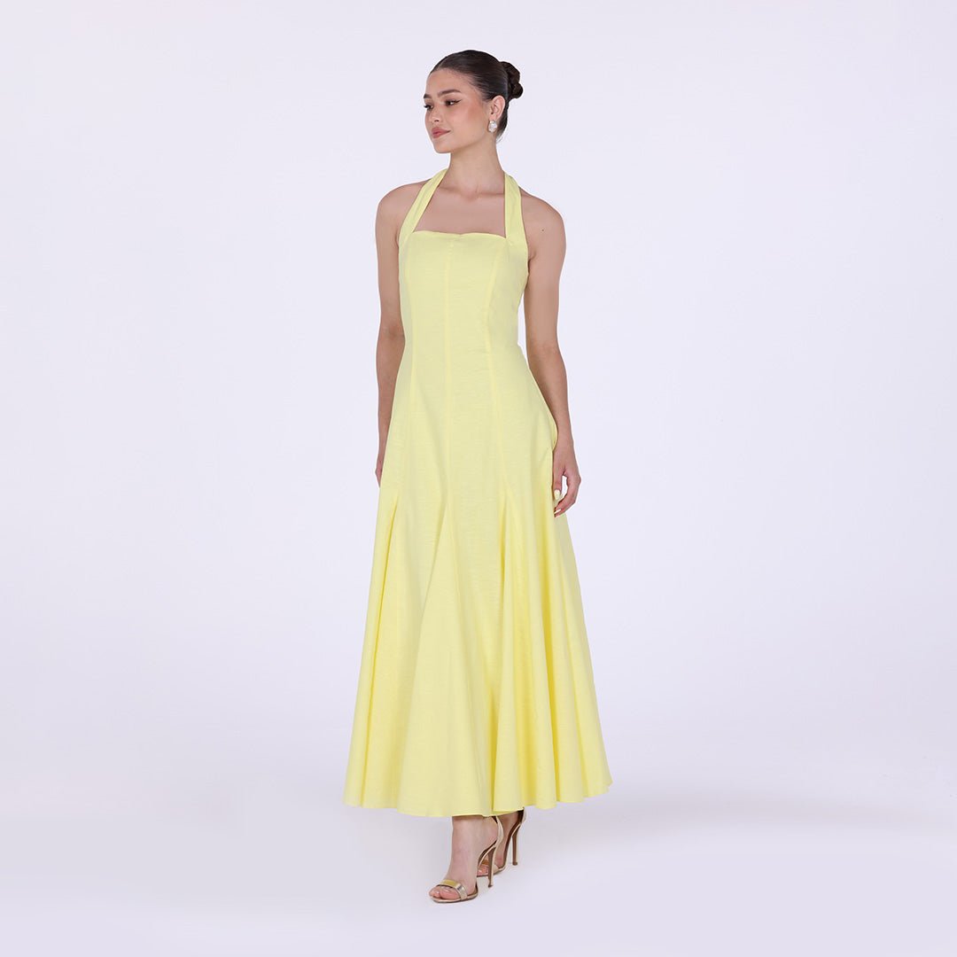 Flared Linen Halter Neck Maxi Dress - shopaleena