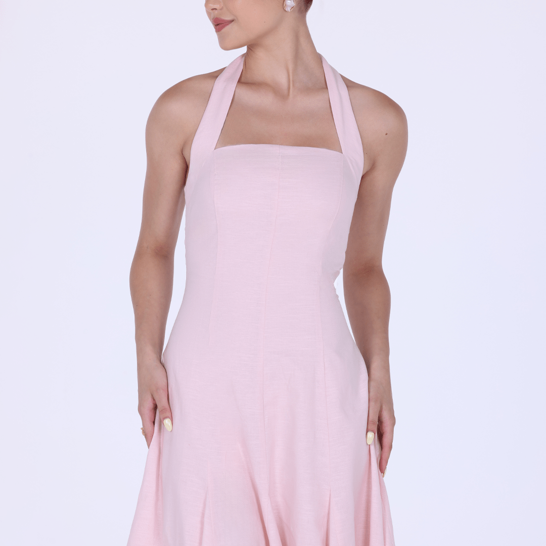 Flared Linen Halter Neck Maxi Dress - shopaleena