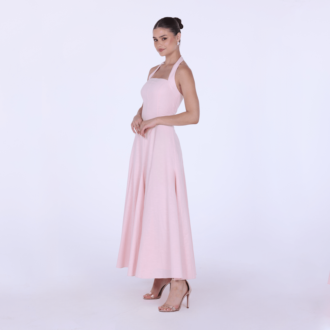 Flared Linen Halter Neck Maxi Dress - shopaleena