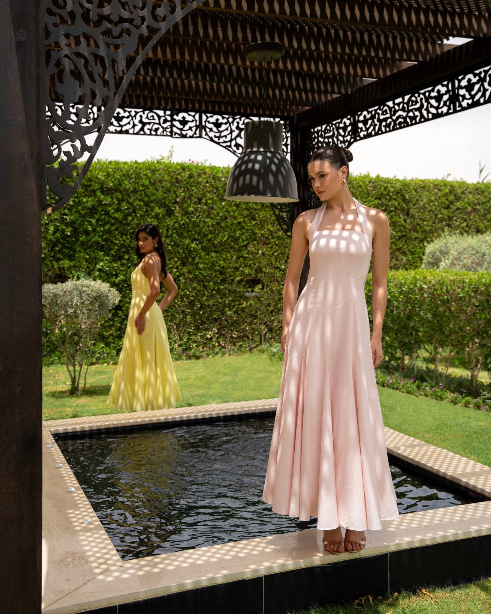 Flared Linen Halter Neck Maxi Dress - shopaleena