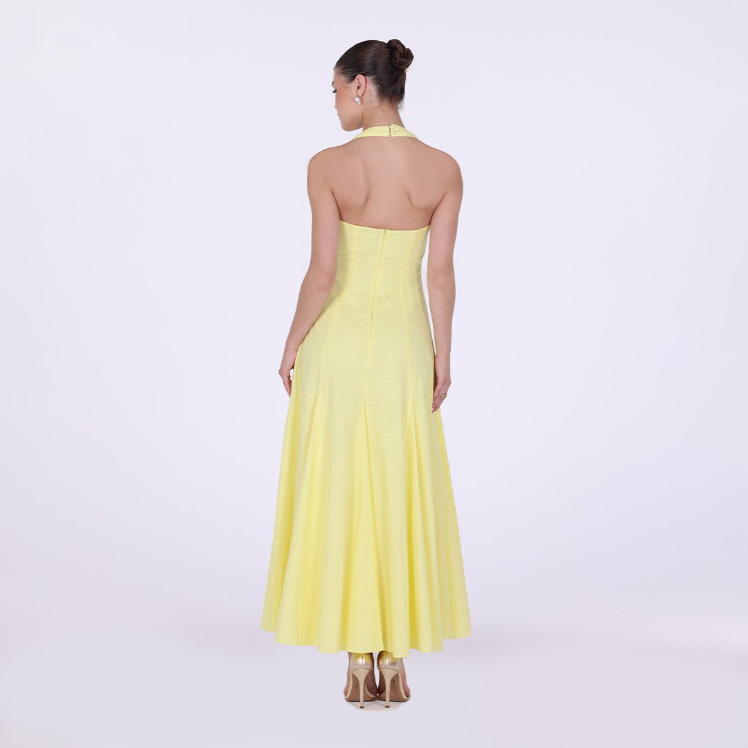 Flared Linen Halter Neck Maxi Dress - shopaleena