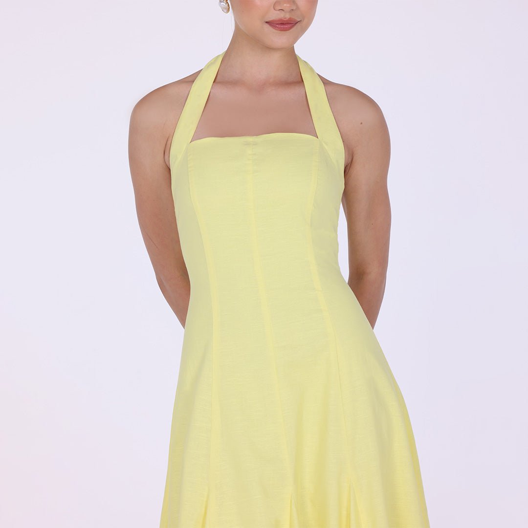 Flared Linen Halter Neck Maxi Dress - shopaleena