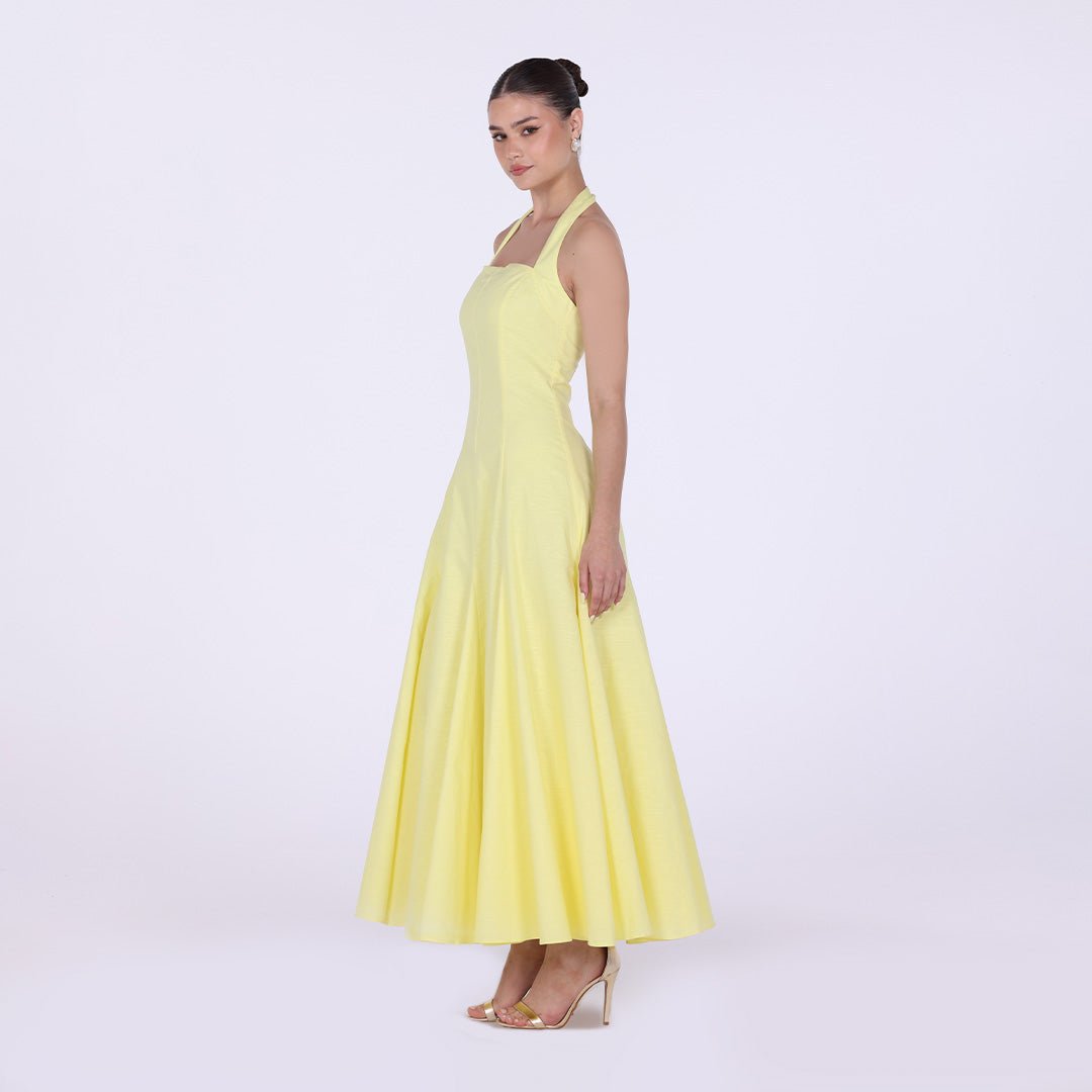 Flared Linen Halter Neck Maxi Dress - shopaleena