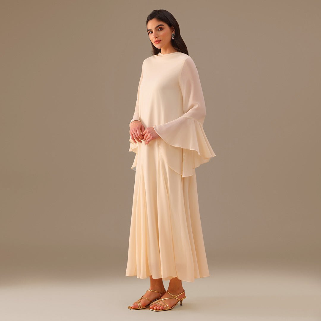Flared Long Sleeve Chiffon Maxi Dress - shopaleena