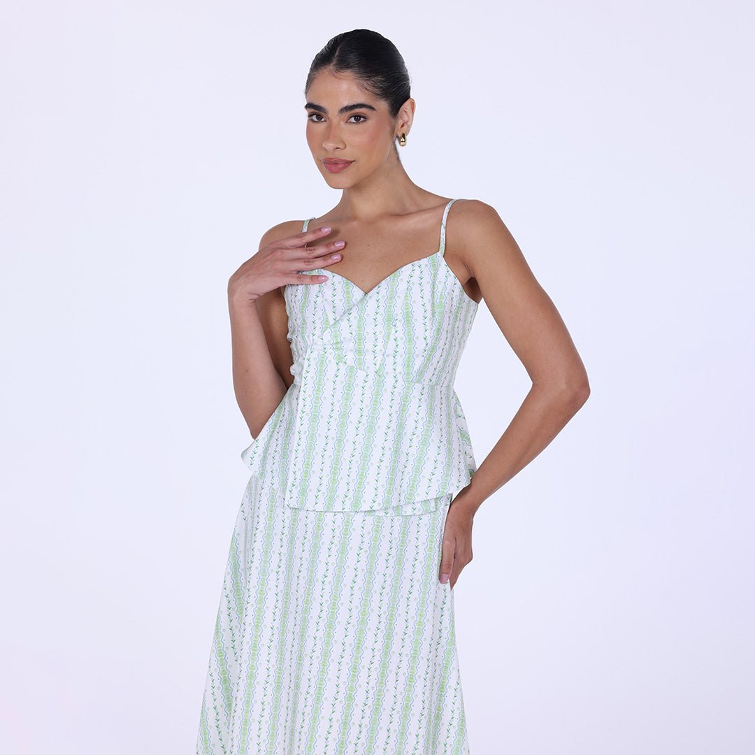 Flared Twill Printed Top with Hidden Buttons - shopaleena