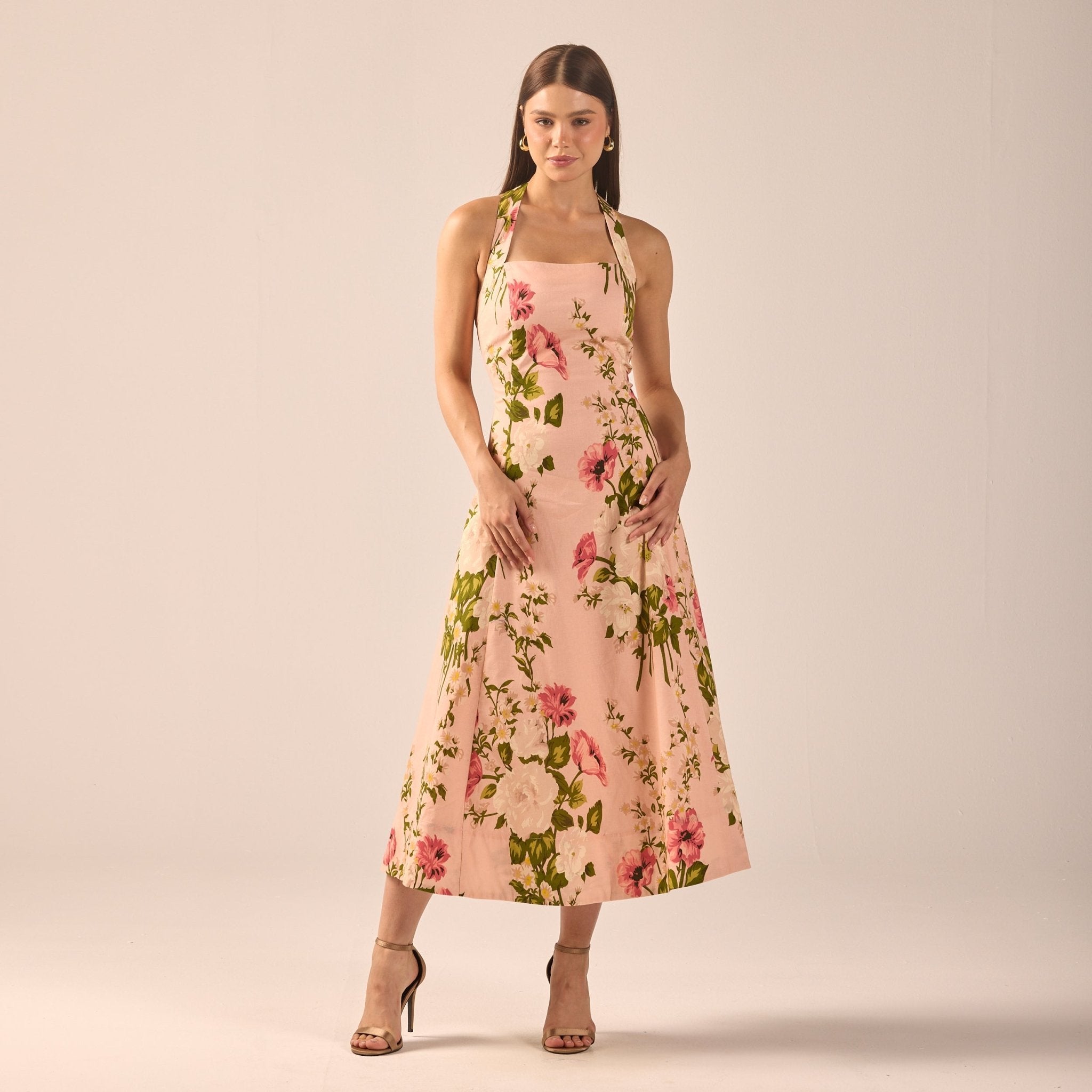 Floral Halter Linen Blend Midi Dress - shopaleena